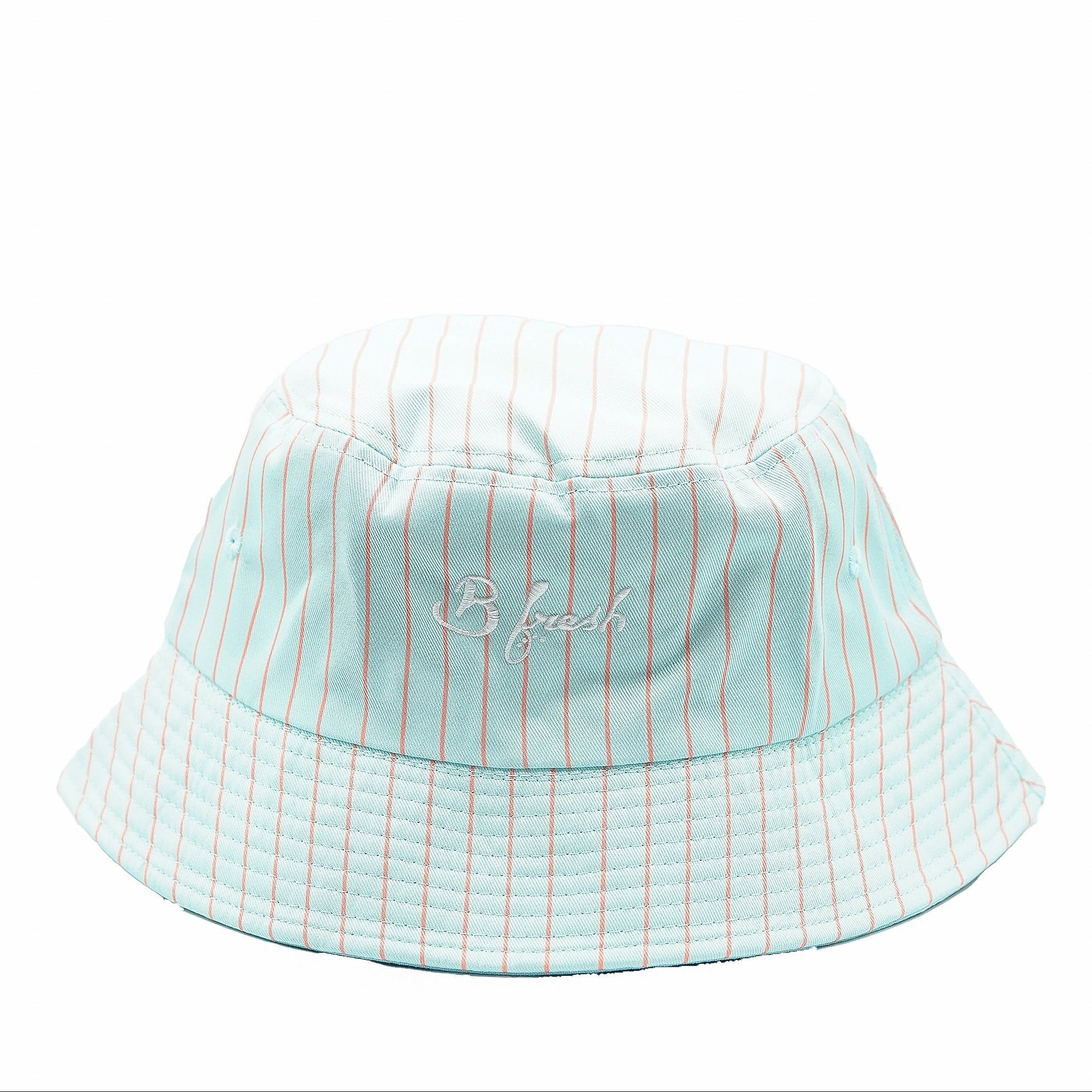 Light blue striped bucket hat with 'B Fresh' embroidery on a white background