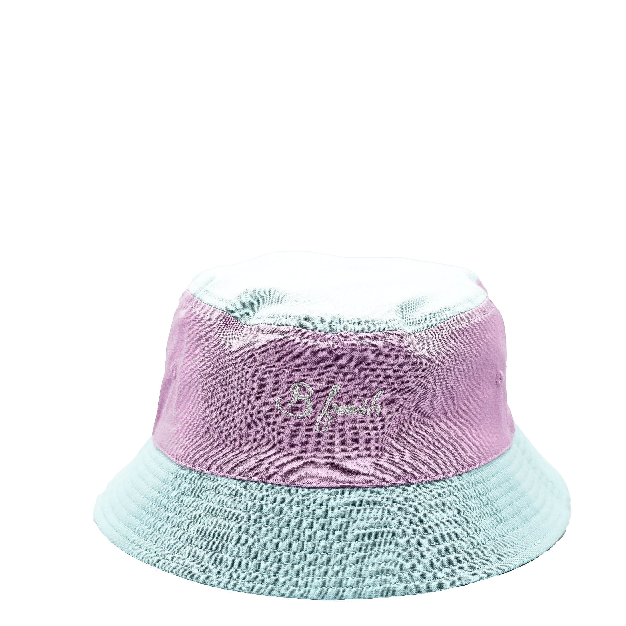Bucket hat with pink and light blue color scheme on a white background