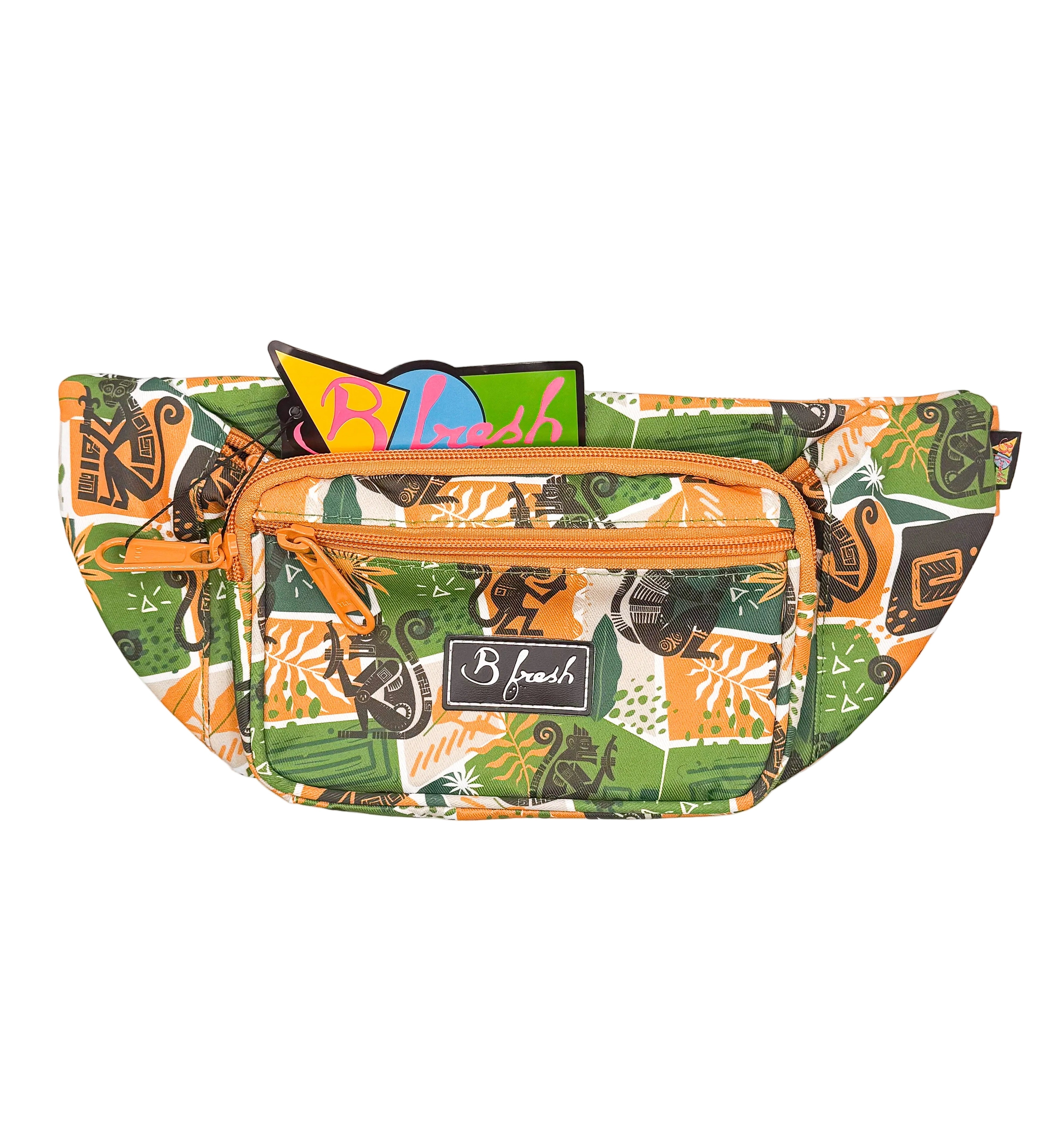 Green and Yellow patterned waist bag with B Fresh branding