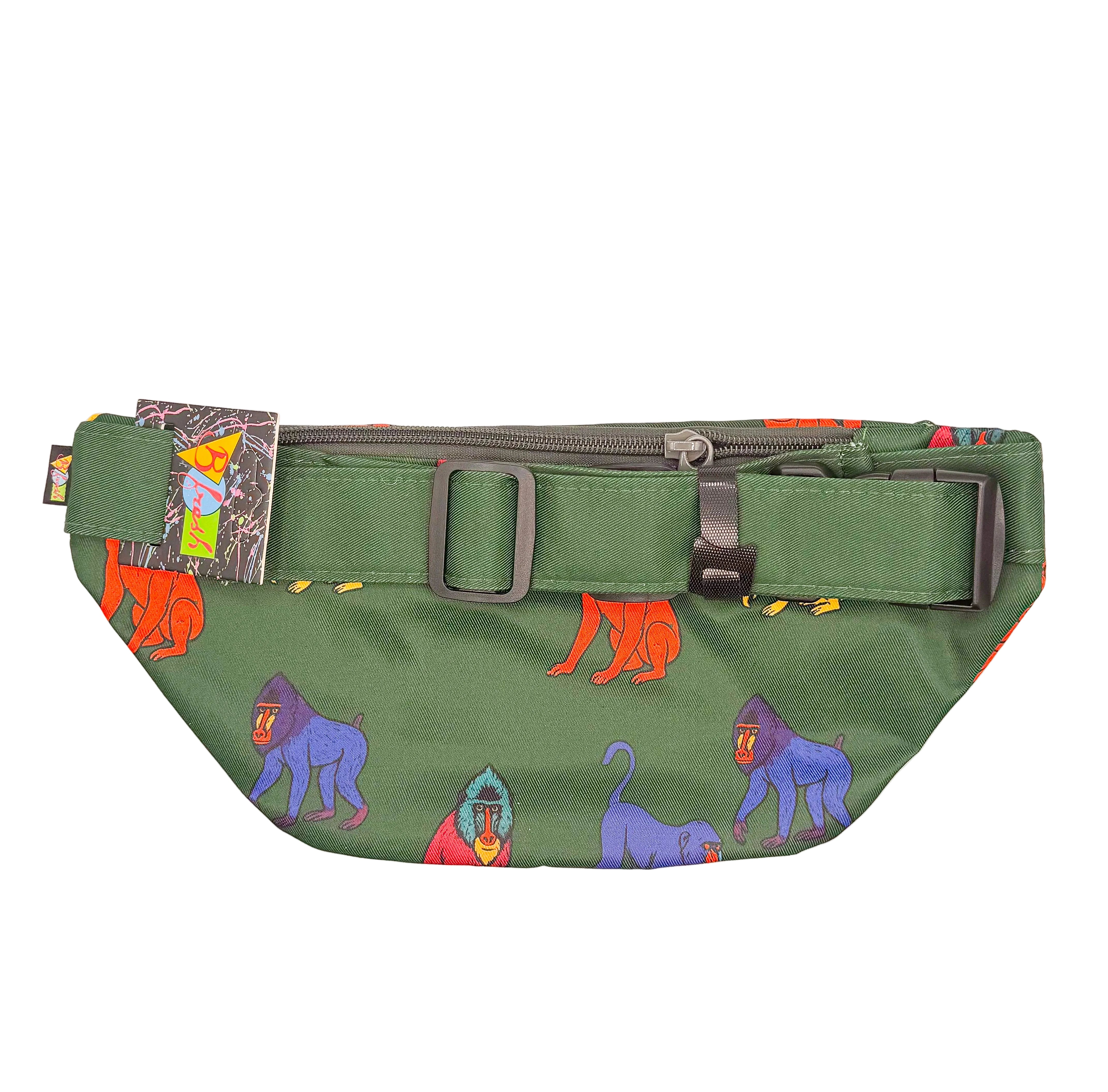 Green fanny pack with colorful monkey pattern 