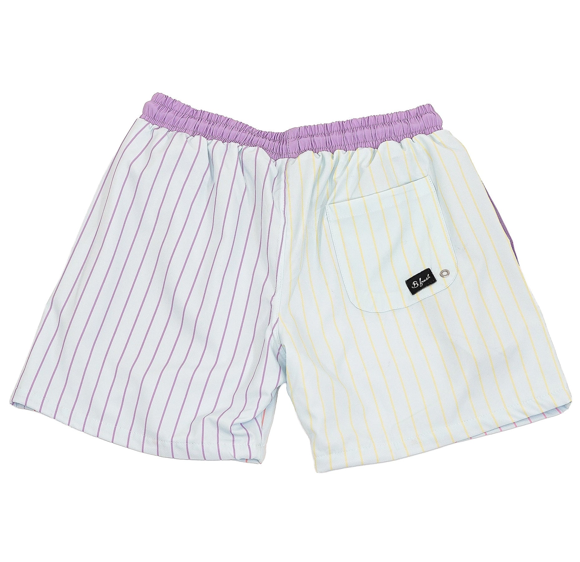 Striped board shorts with light purple waist