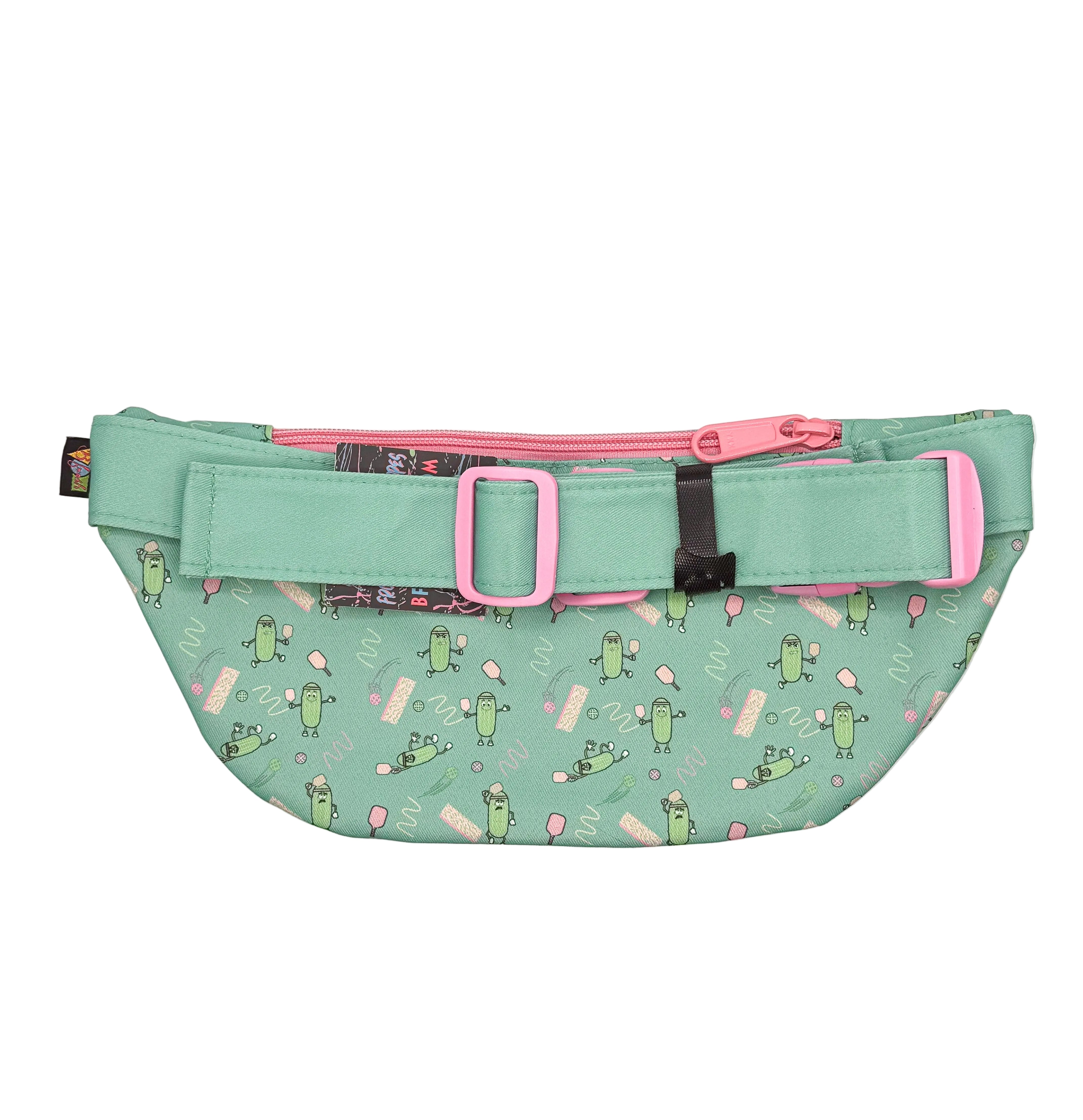 Green waist bag with pink zipper and belt 