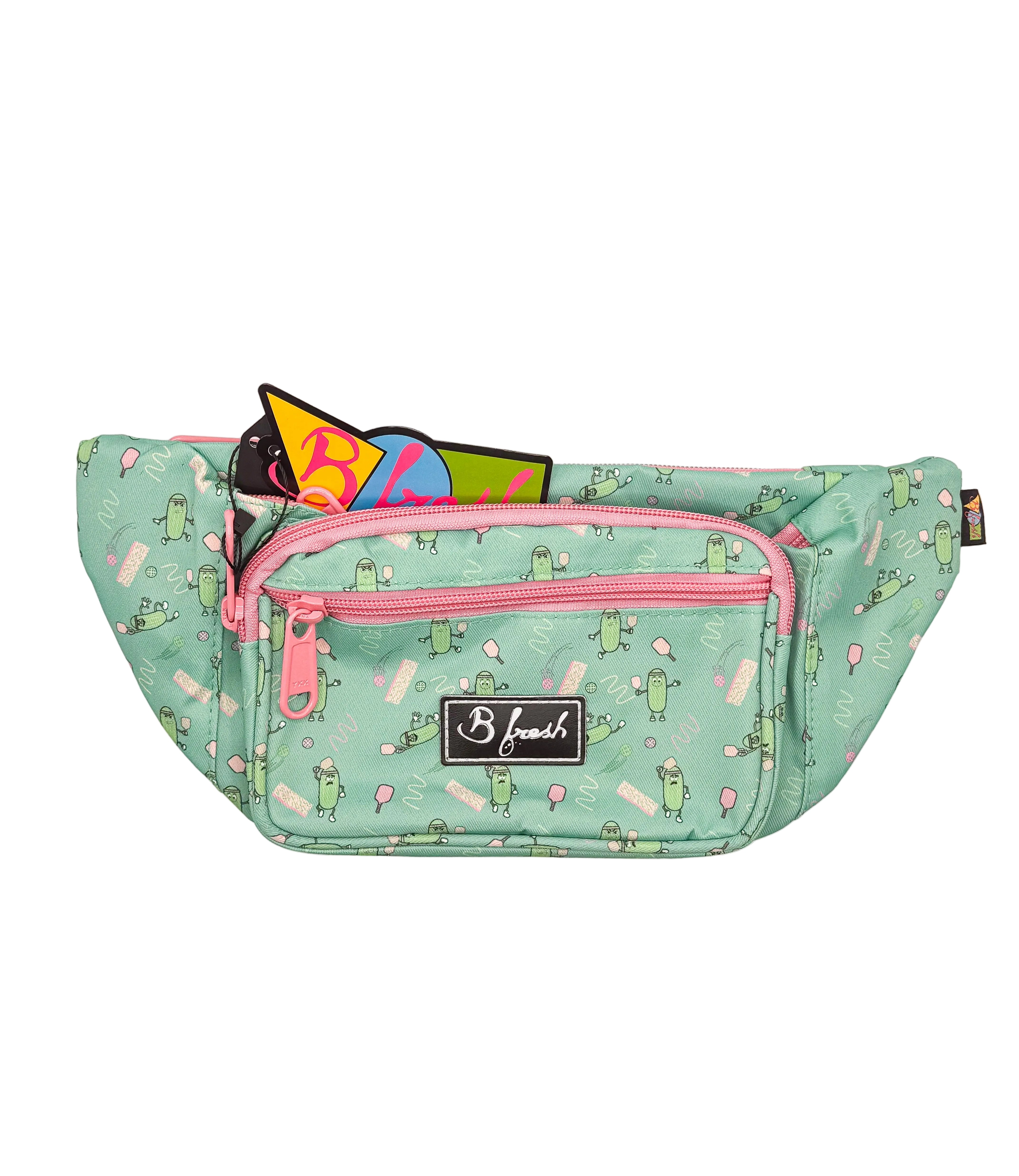 Green patterned waist bag with pink zipper 