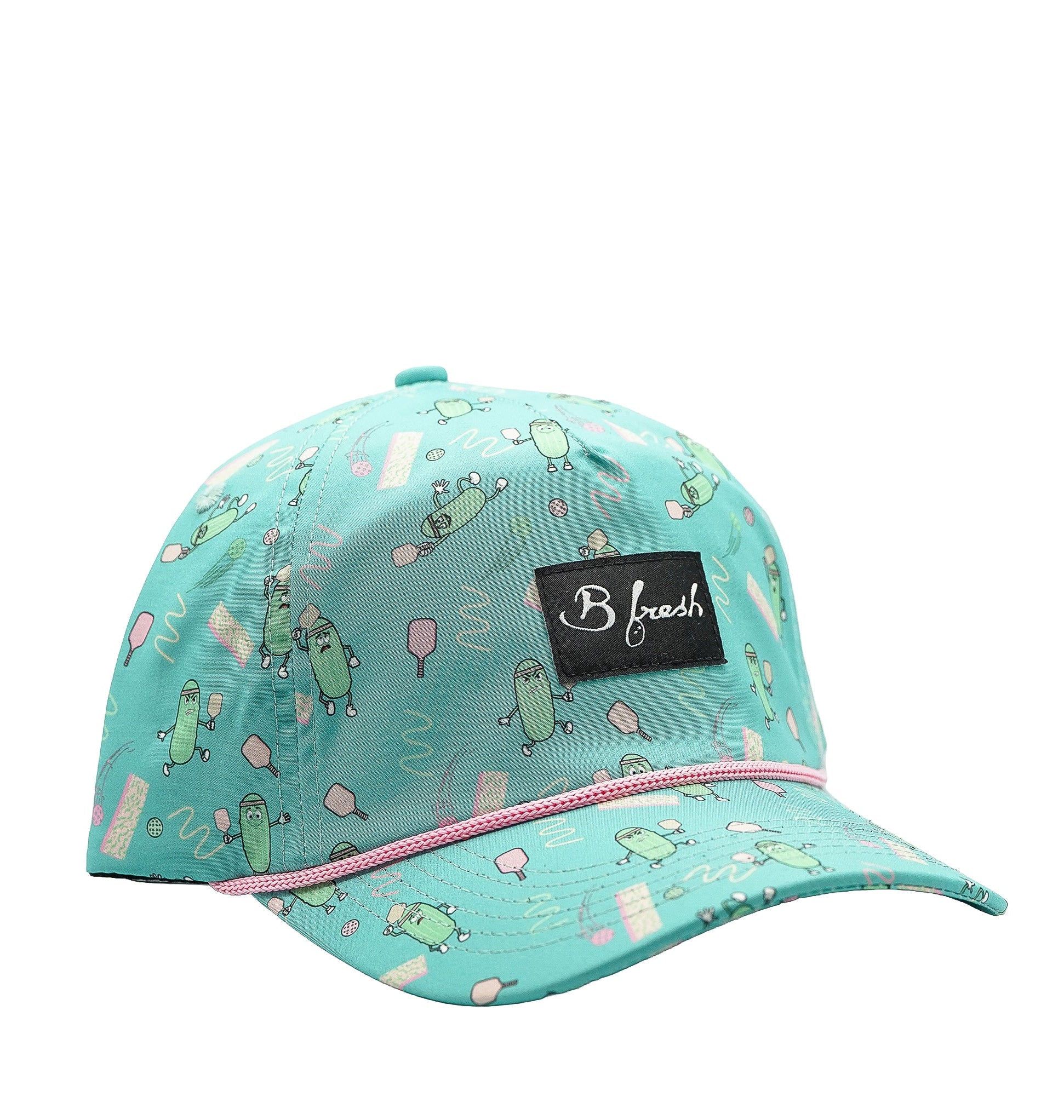 Light blue cap with colorful pattern and 'B fresh' logo 