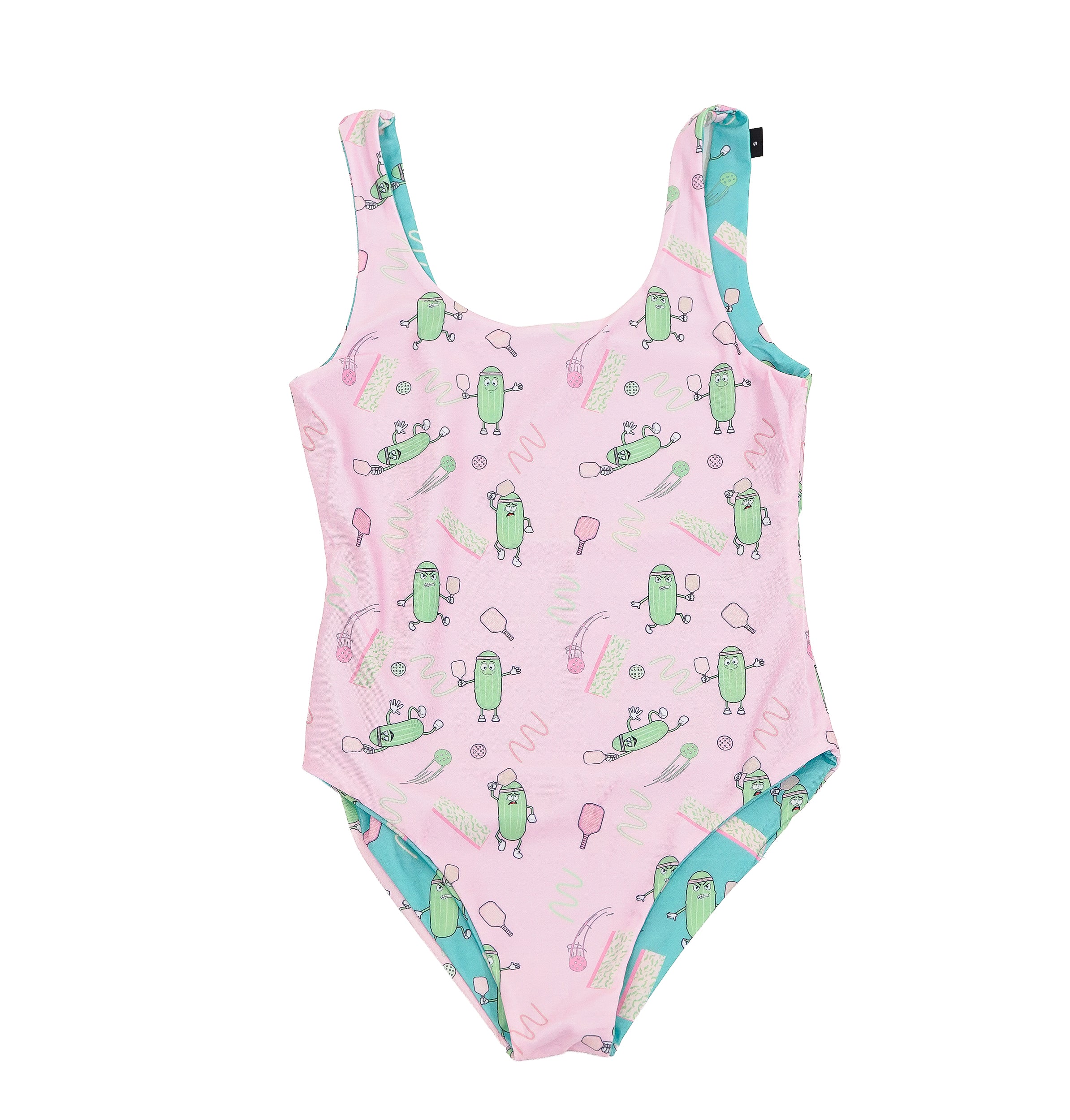 Pink swimsuit with green pickles playing pickleball pattern 