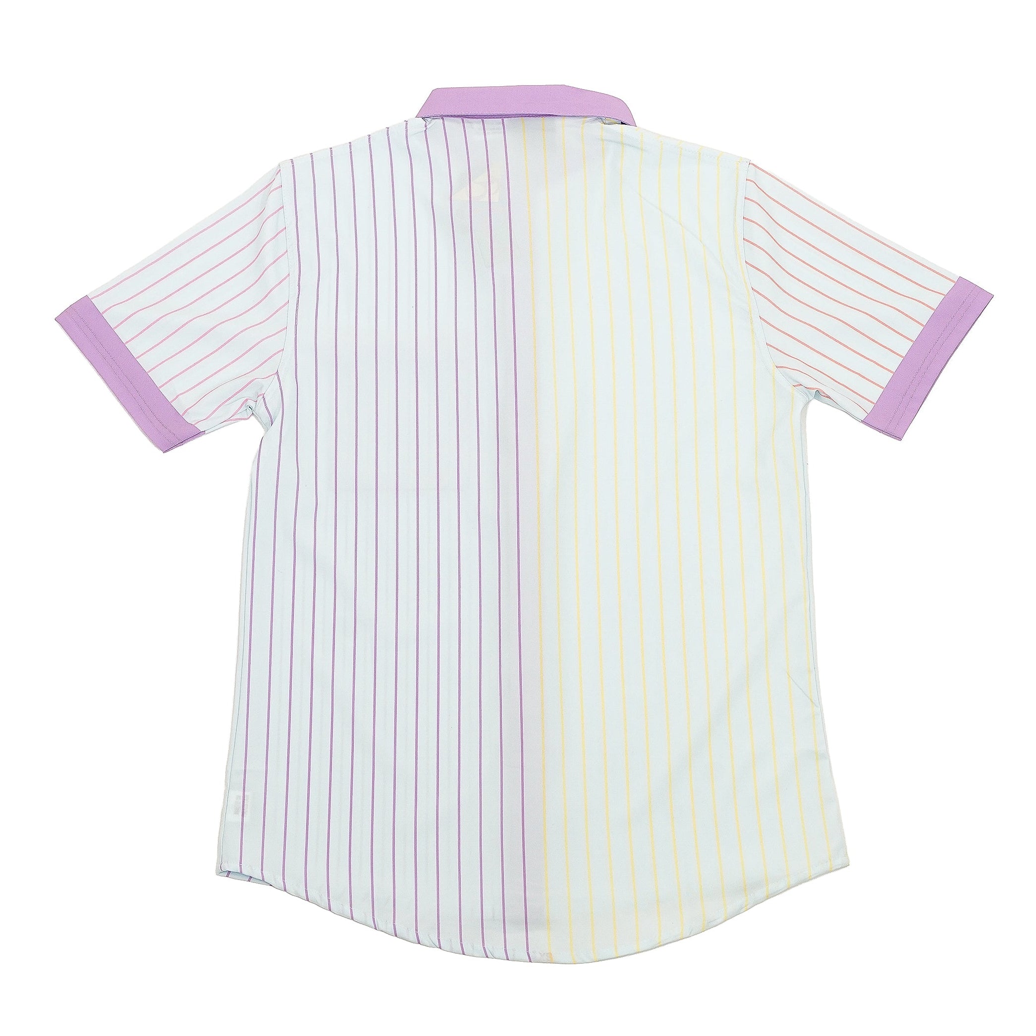 Short-sleeve shirt with yellow and purple lines