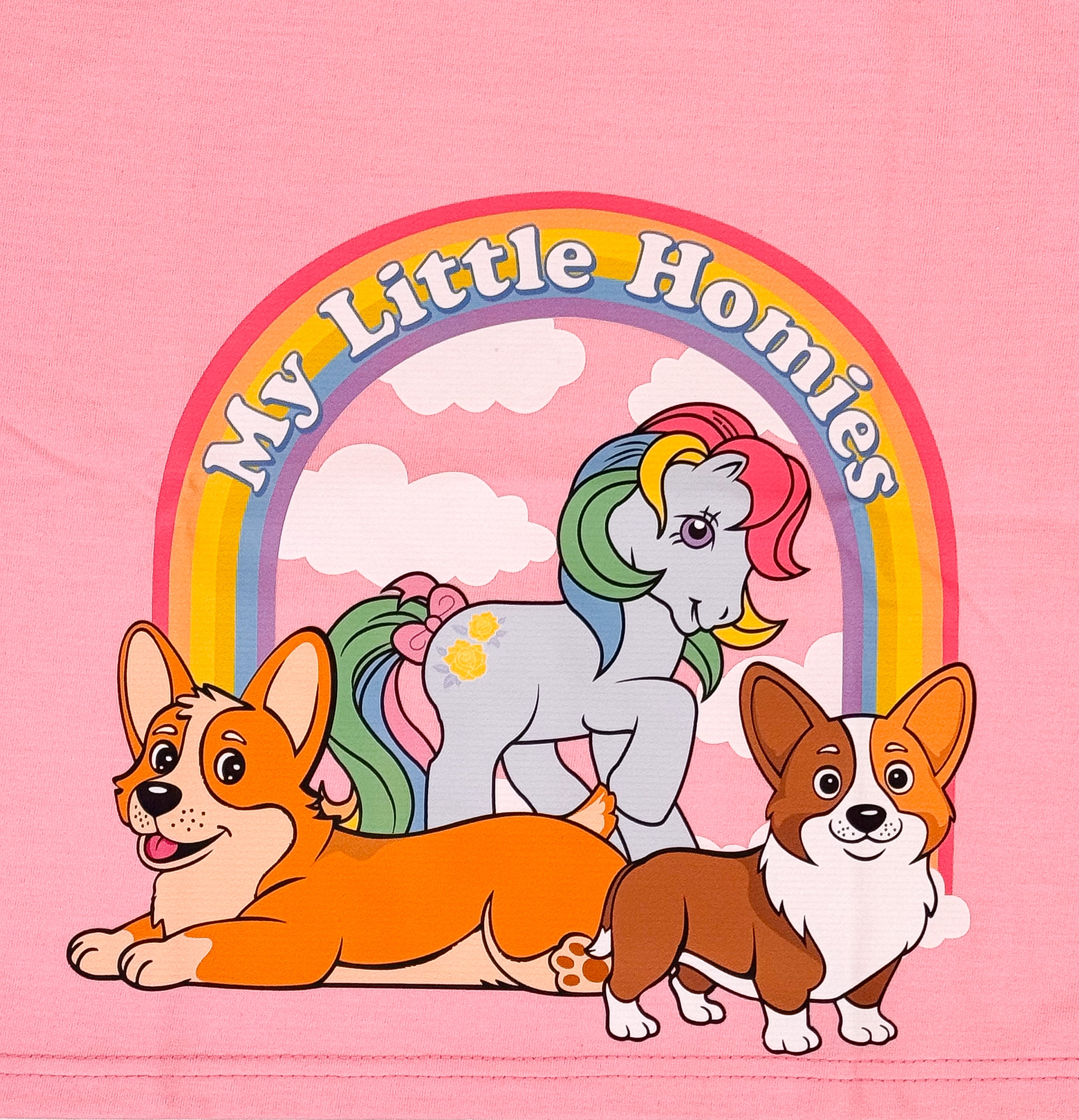 Cartoon dogs and a unicorn with 'My Little Homies' text on a pink background