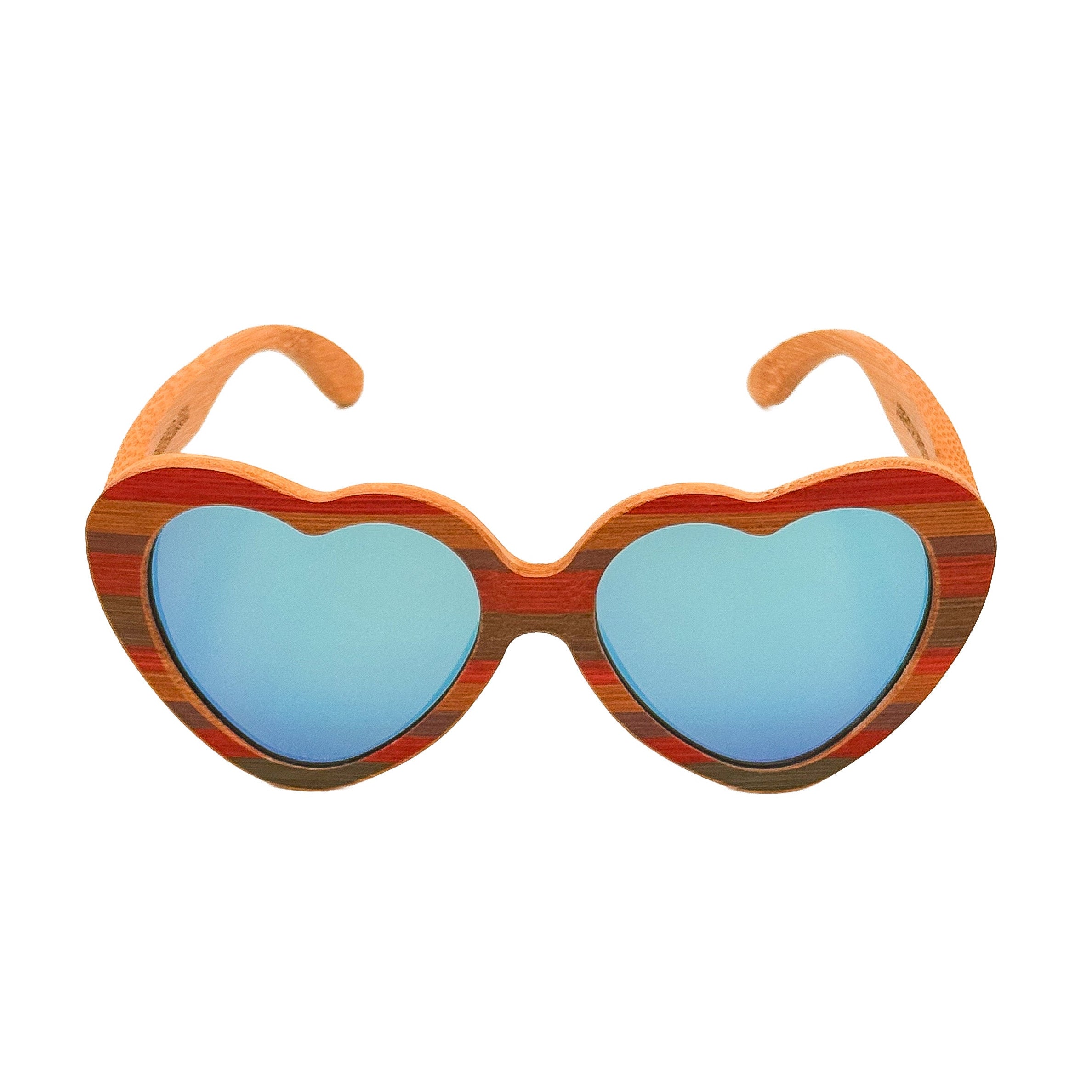 Heart-shaped sunglasses with a striped wood frame in orange, red, and brown tones, and light blue mirrored lenses, shown against a plain white background.