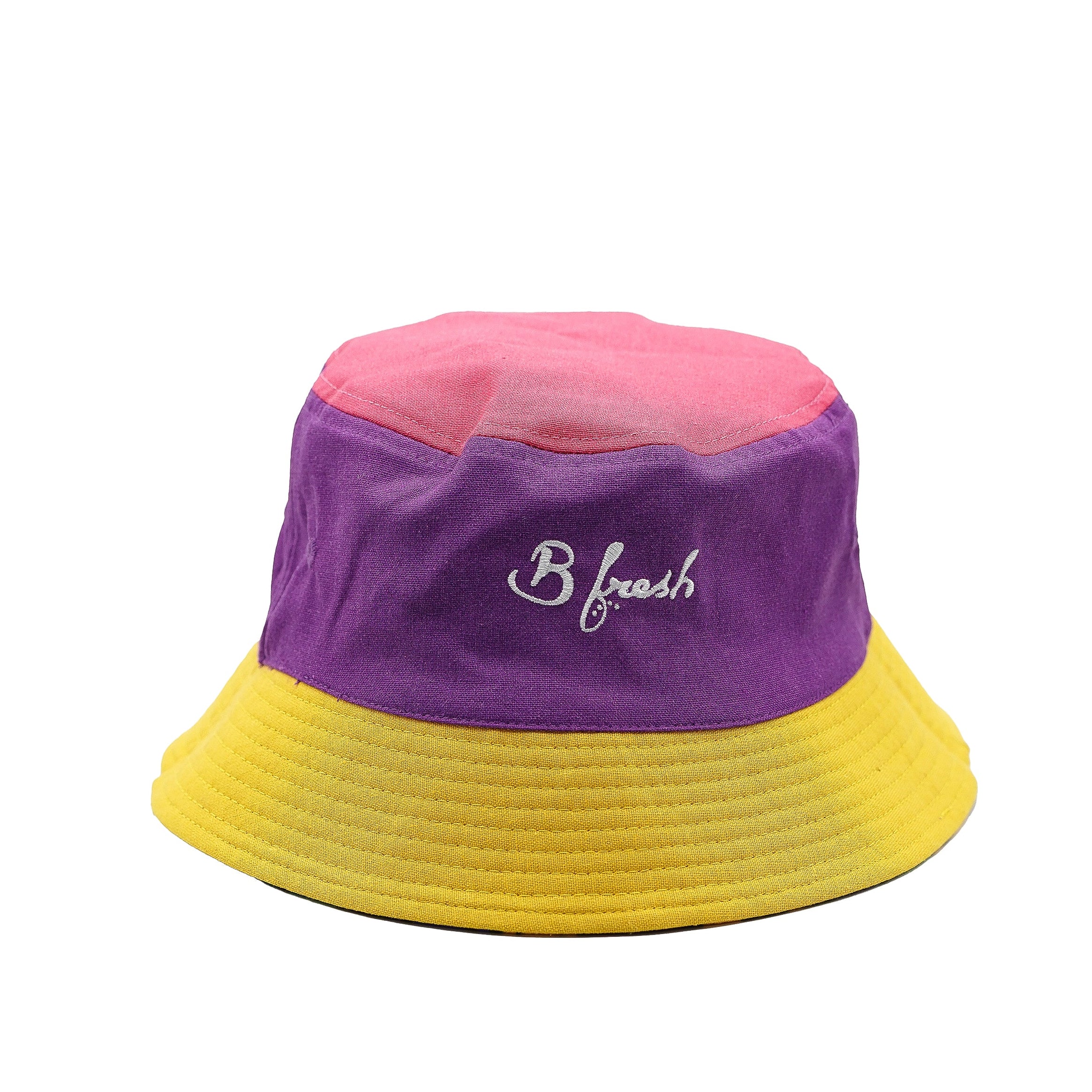 purple and yellow bucket hat 