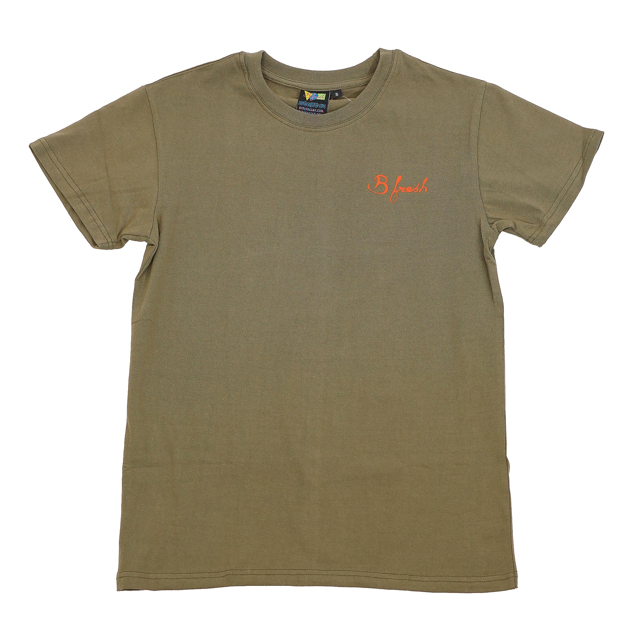 Olive green t-shirt with orange logo 