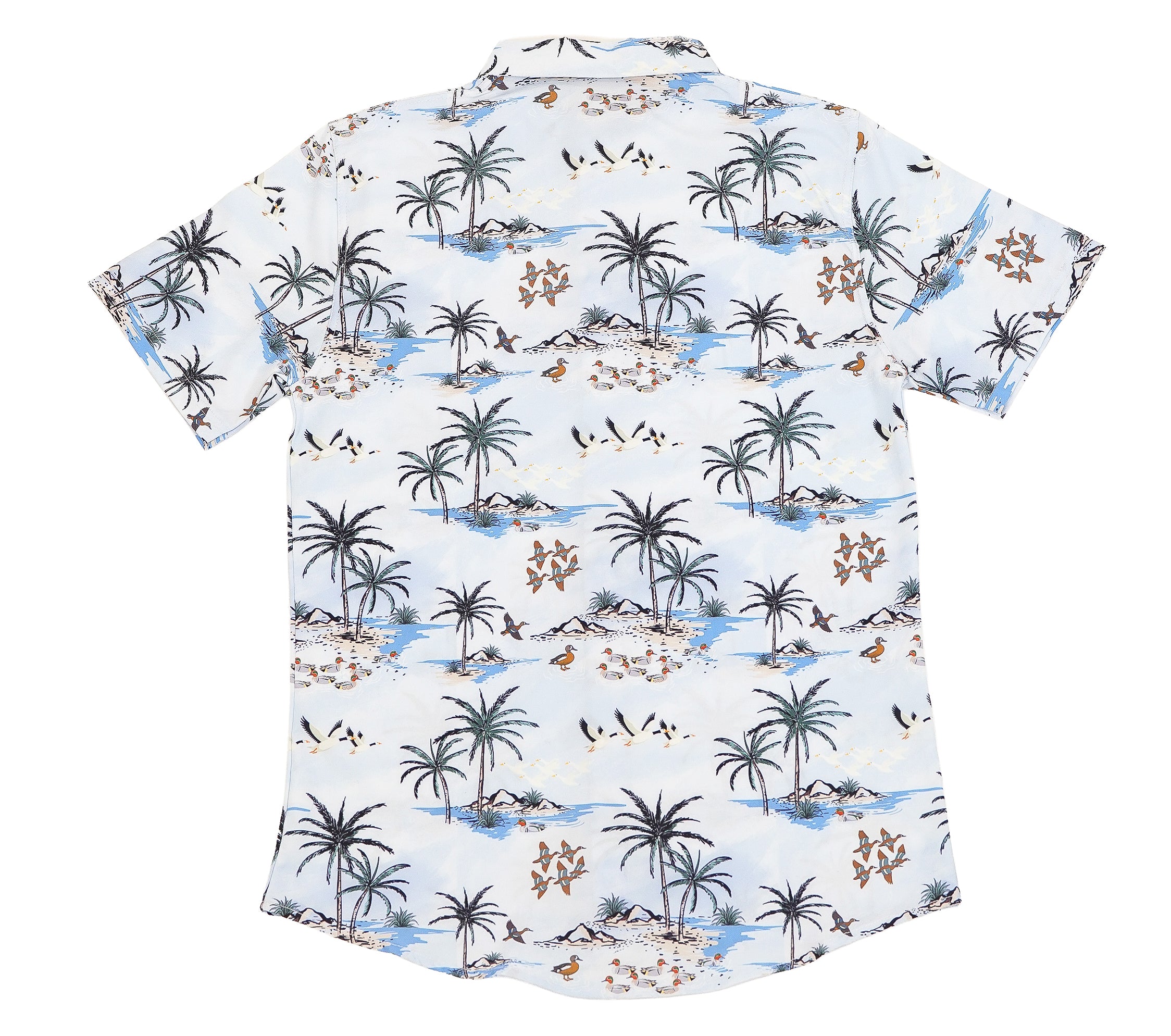 Hawaiian shirt with palm tree and beach pattern on a light blue background