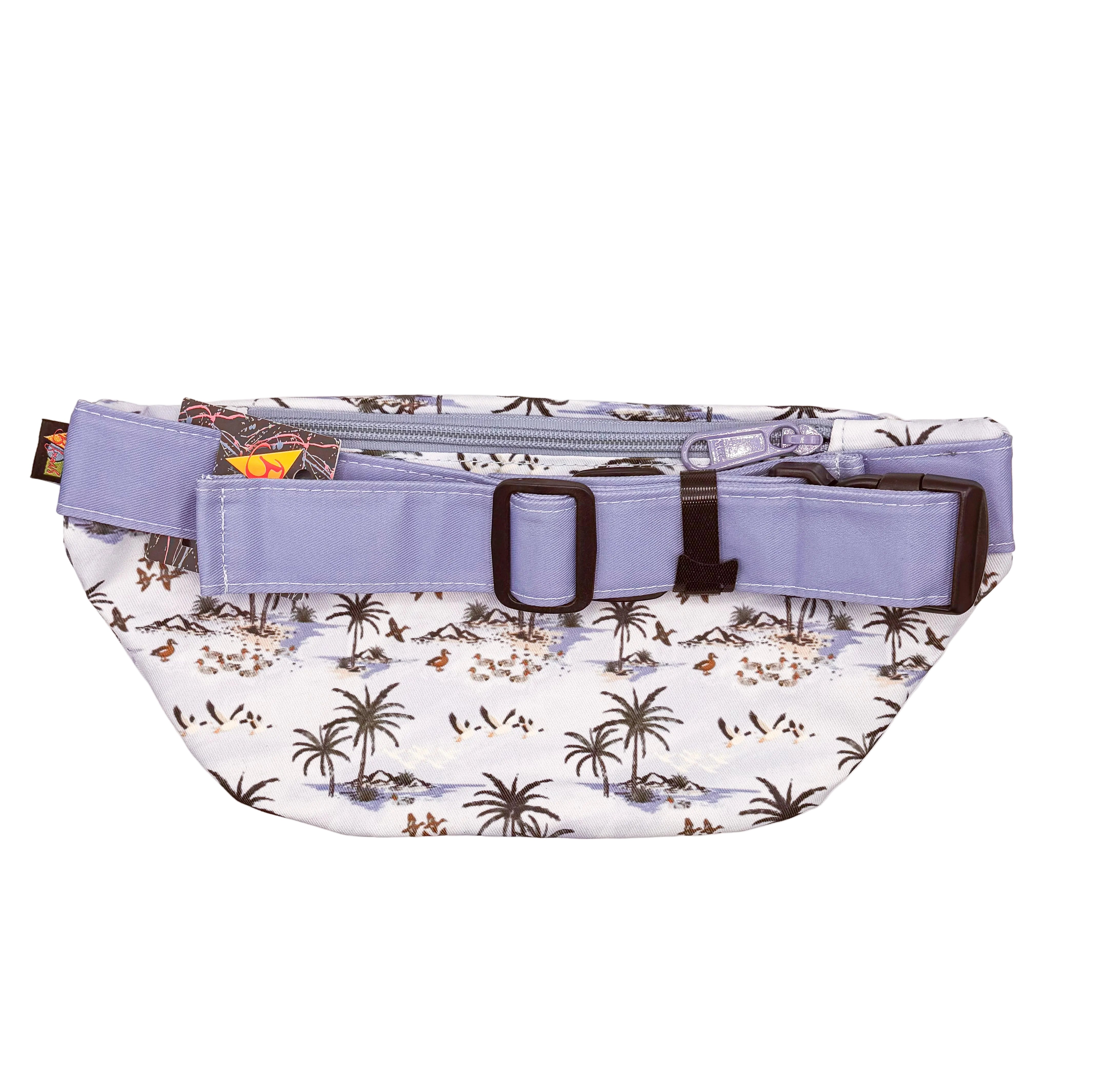 Fanny pack with palm tree pattern and blue accents