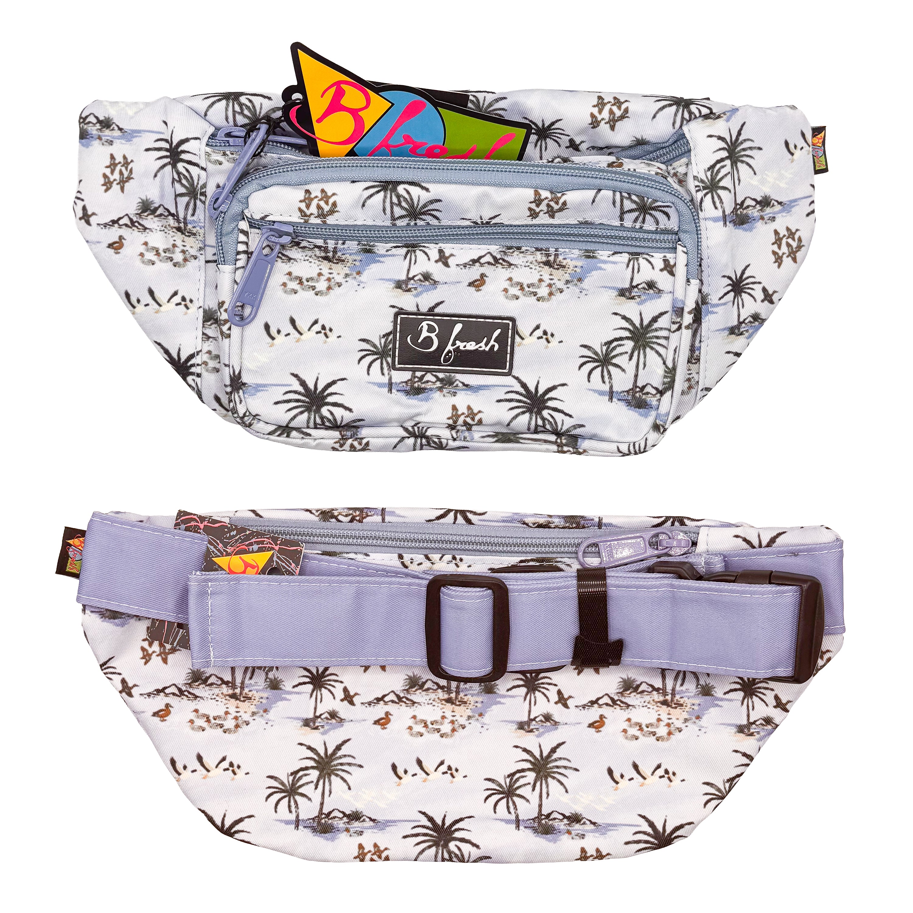 Fanny pack with palm tree and birds pattern and visible B Fresh Logo logo
