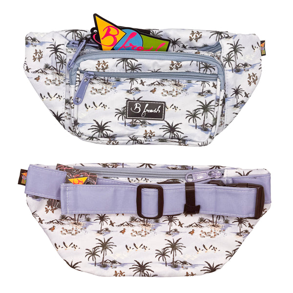 Fanny pack with palm tree and birds pattern and visible B Fresh Logo logo