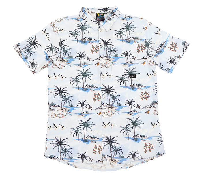 Short-sleeve shirt with palm tree and beach pattern