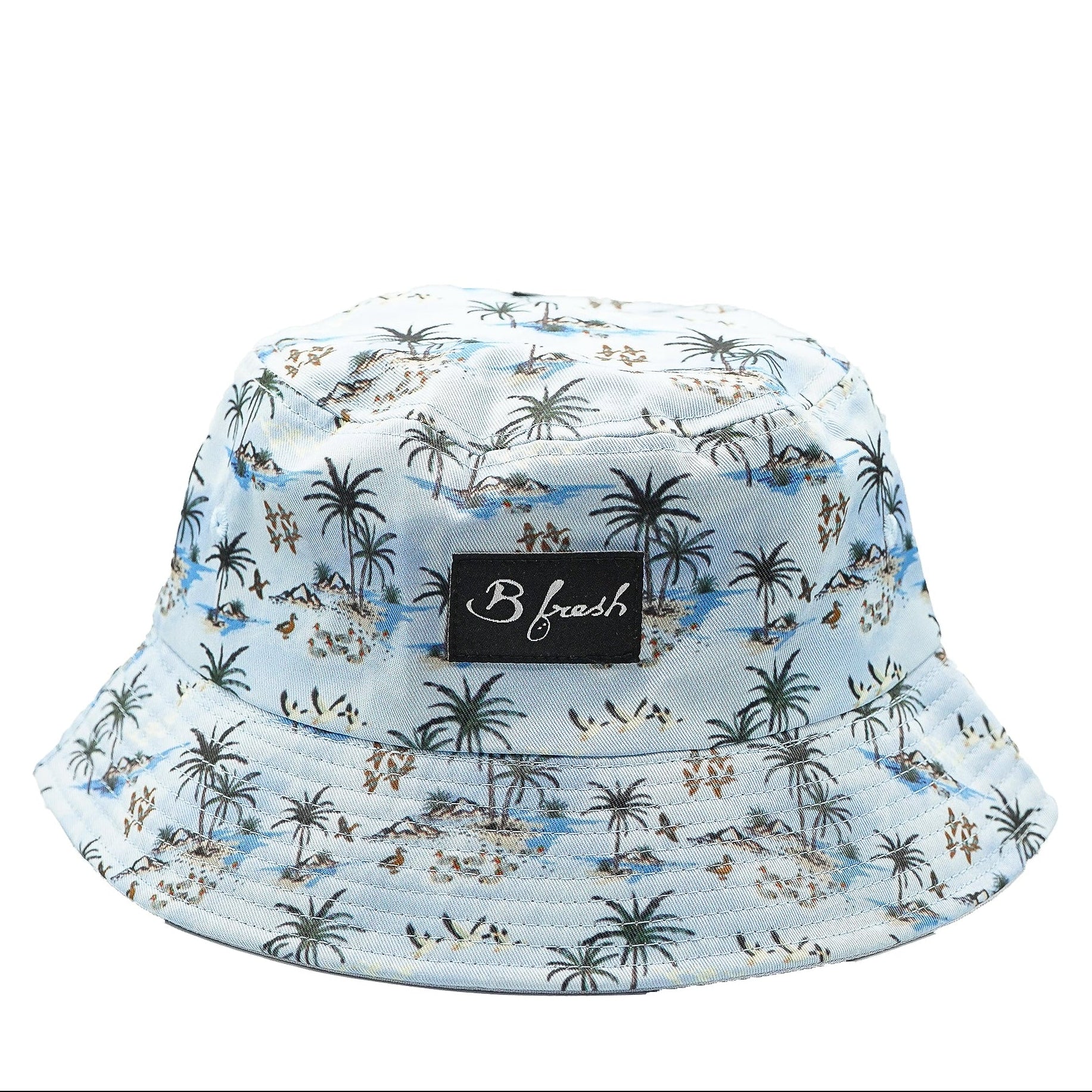 Bucket hat with palm tree pattern and 'B fresh' label 