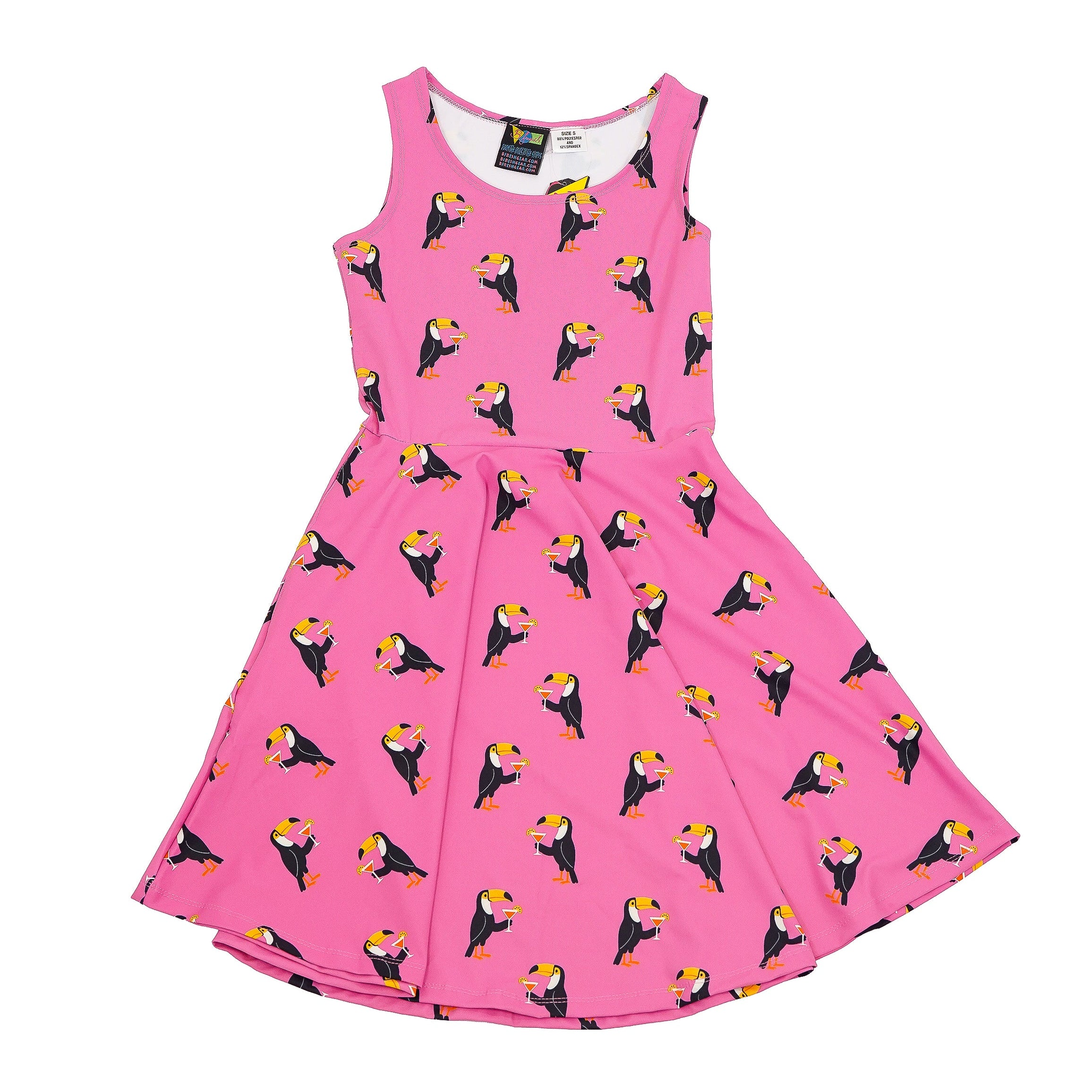 Pink dress with drinking toucan pattern 