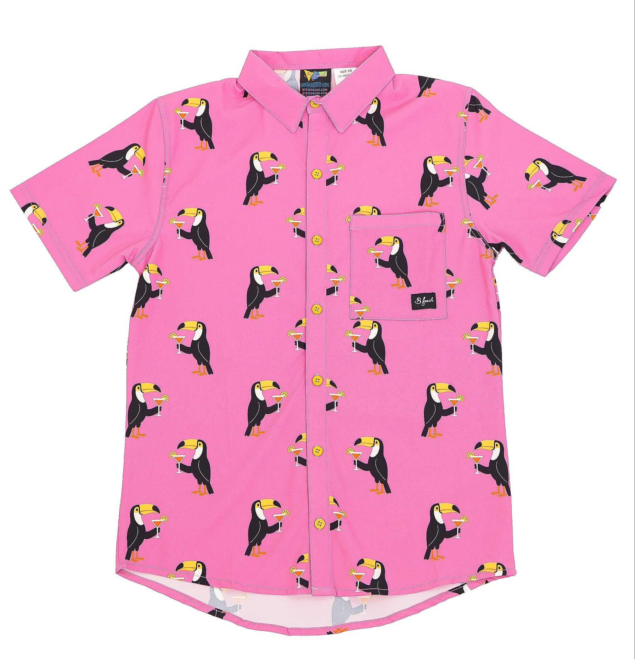 Pink shirt with toucan drinking martini pattern 