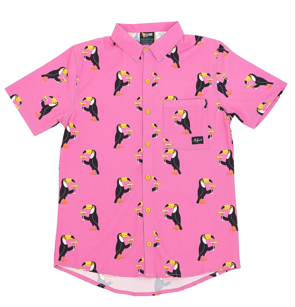 Pink shirt with toucan drinking martini pattern 