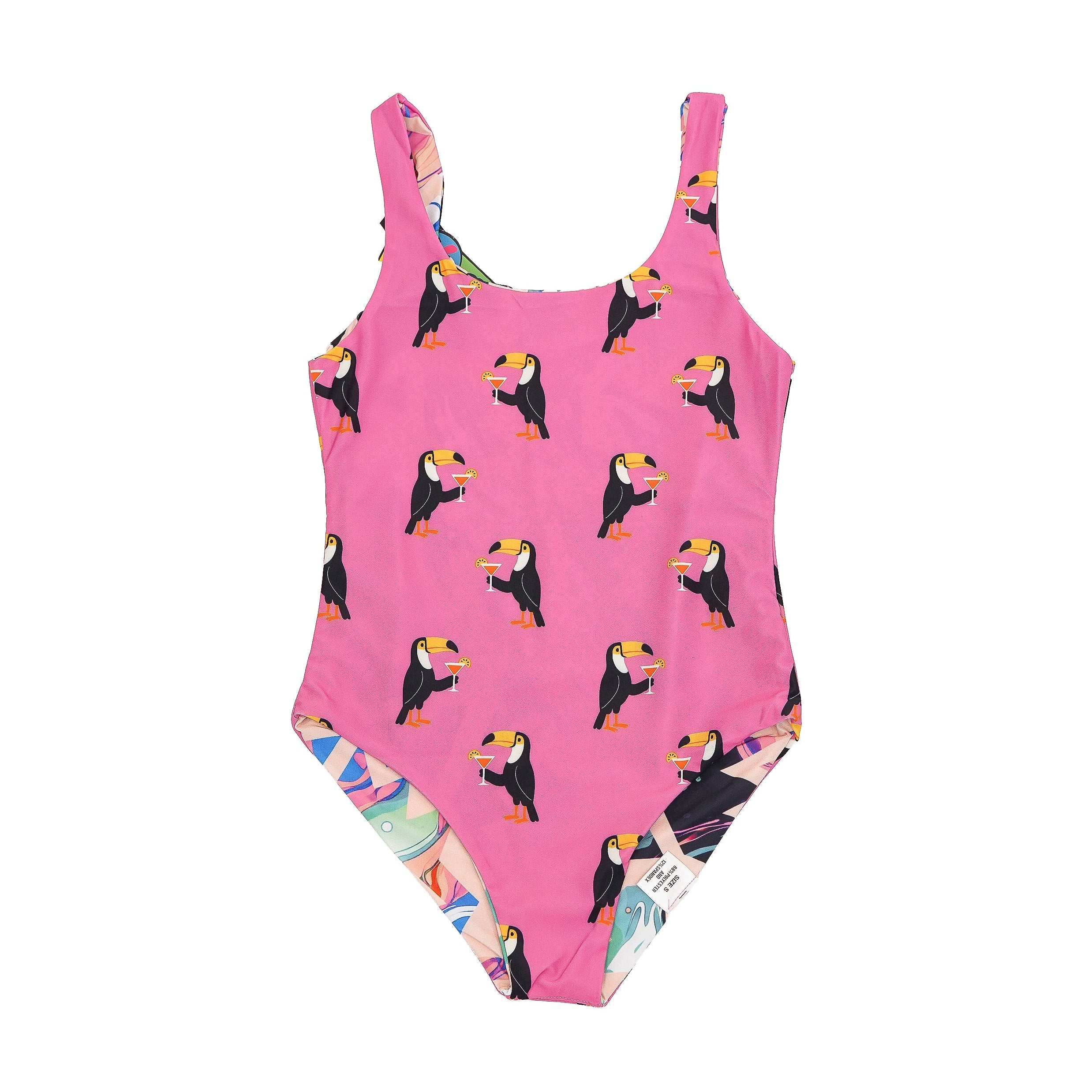 Pink swimsuit with toucan pattern