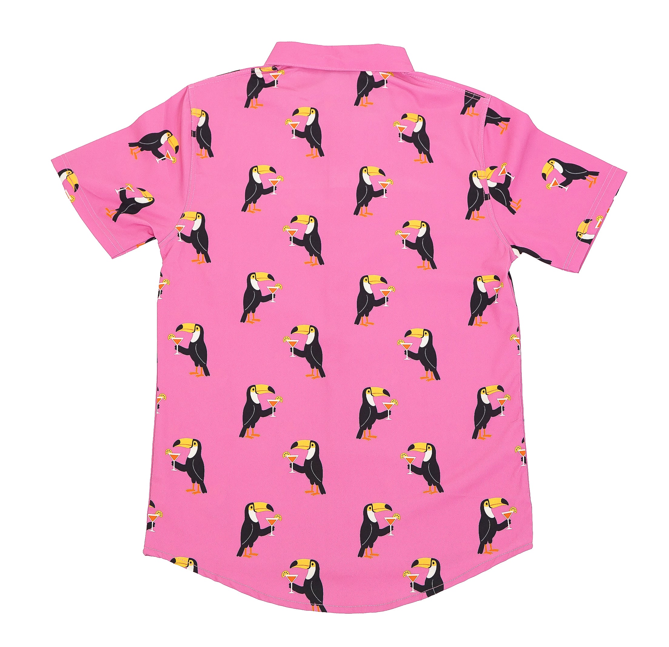Pink shirt with cartoon toucan pattern