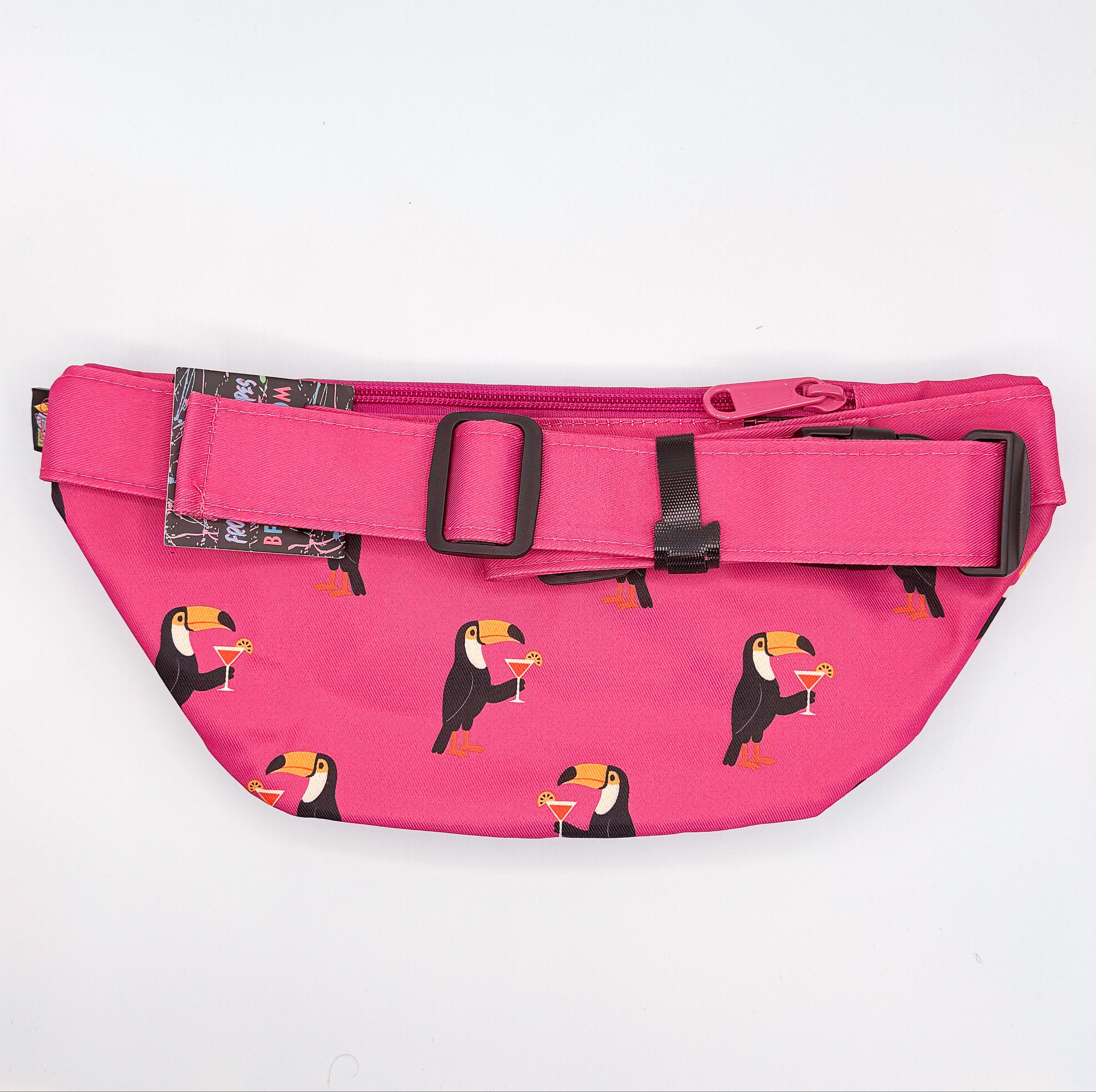 Pink fanny pack with toucan patterns 
