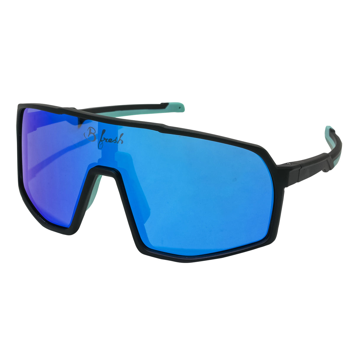Black and Blue retro inspired wrap around volleyball sunglasses with interchangaeble lenses. Polarized and UV400 