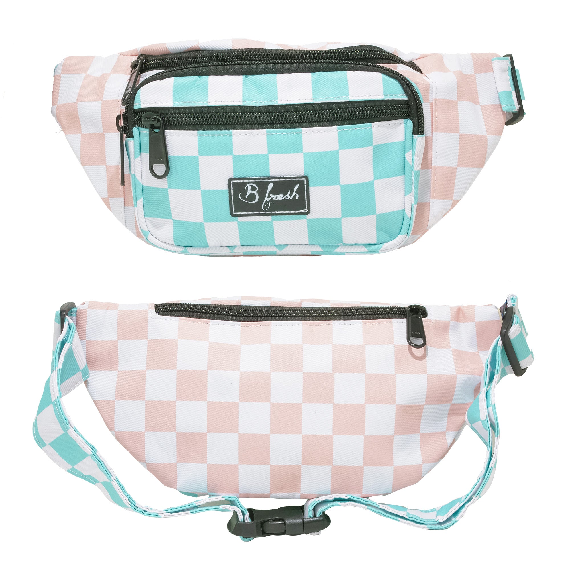 pink and blue checker board fanny pack