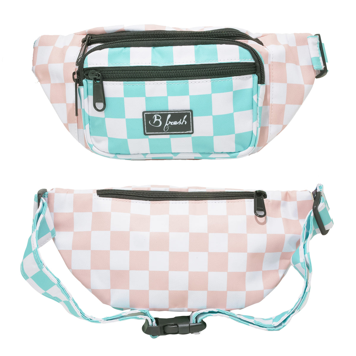 pink and blue checker board fanny pack