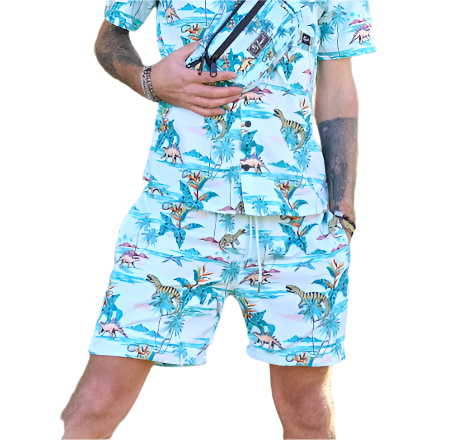 retro shorts with dinosaur print