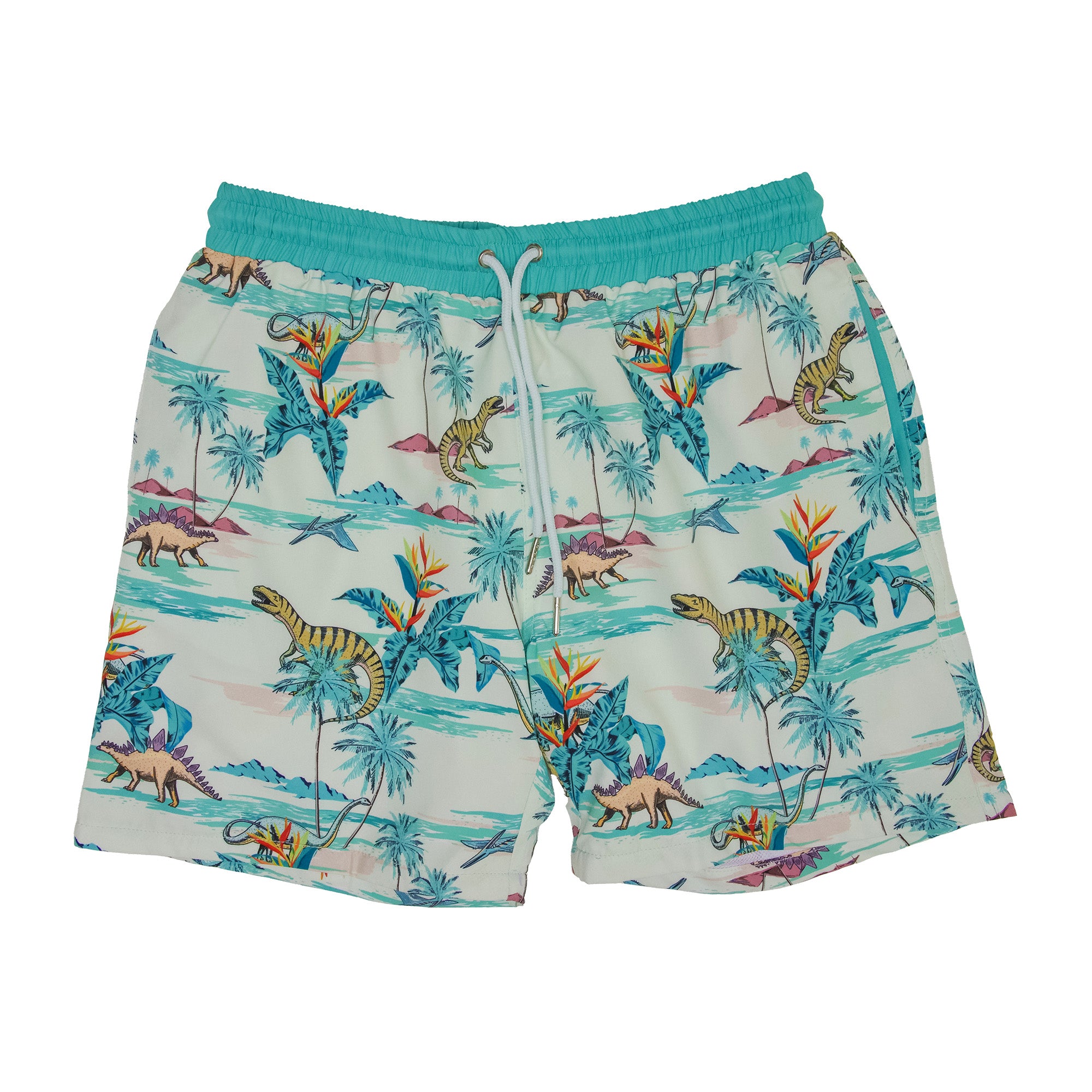 swim trunks with Hawaiian dino print