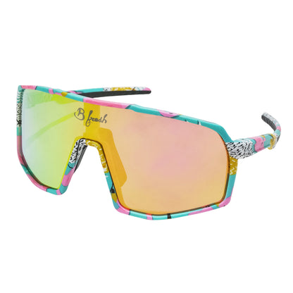 Teal, pink, white, black, retro inspired wrap around skiing, volleyball sunglasses with interchangaeble lenses. Polarized and UV400 