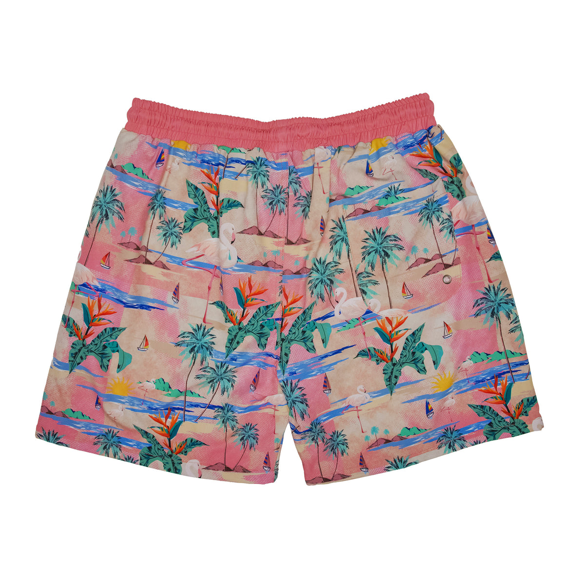 retro flamingo swim trunks