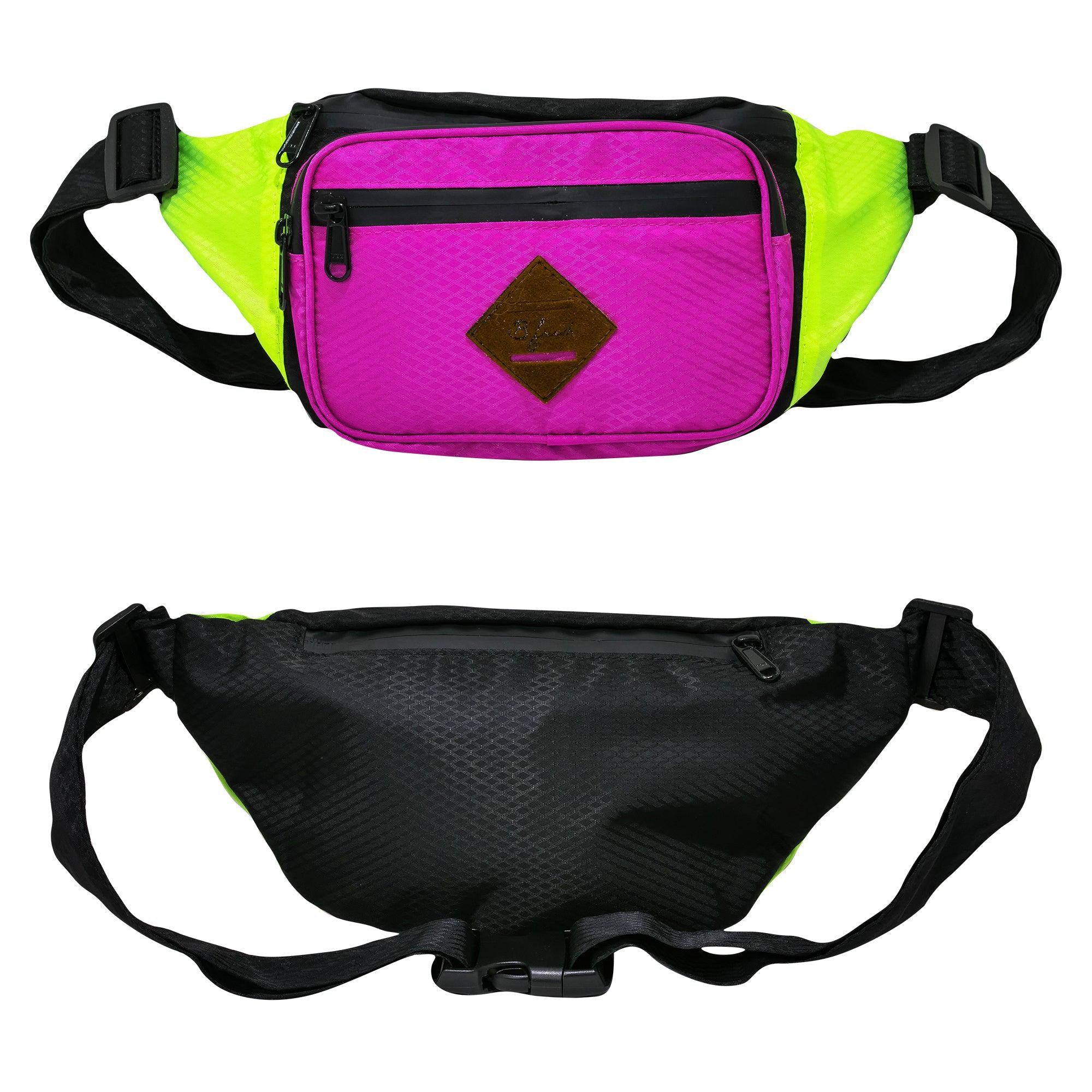 80&#39;s Ski Party Water Resistant Fanny Pack - 4 pocket fanny pack bum bag with waterproof material water resistant zippers 4 pouches. With vintage throwback pink bright green and black ski party design. B Fresh Gear