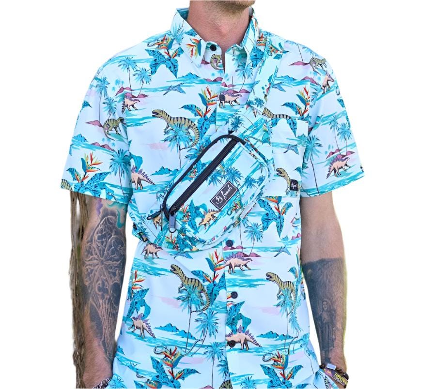 rad button down Hawaiian shirt with dinosaur print