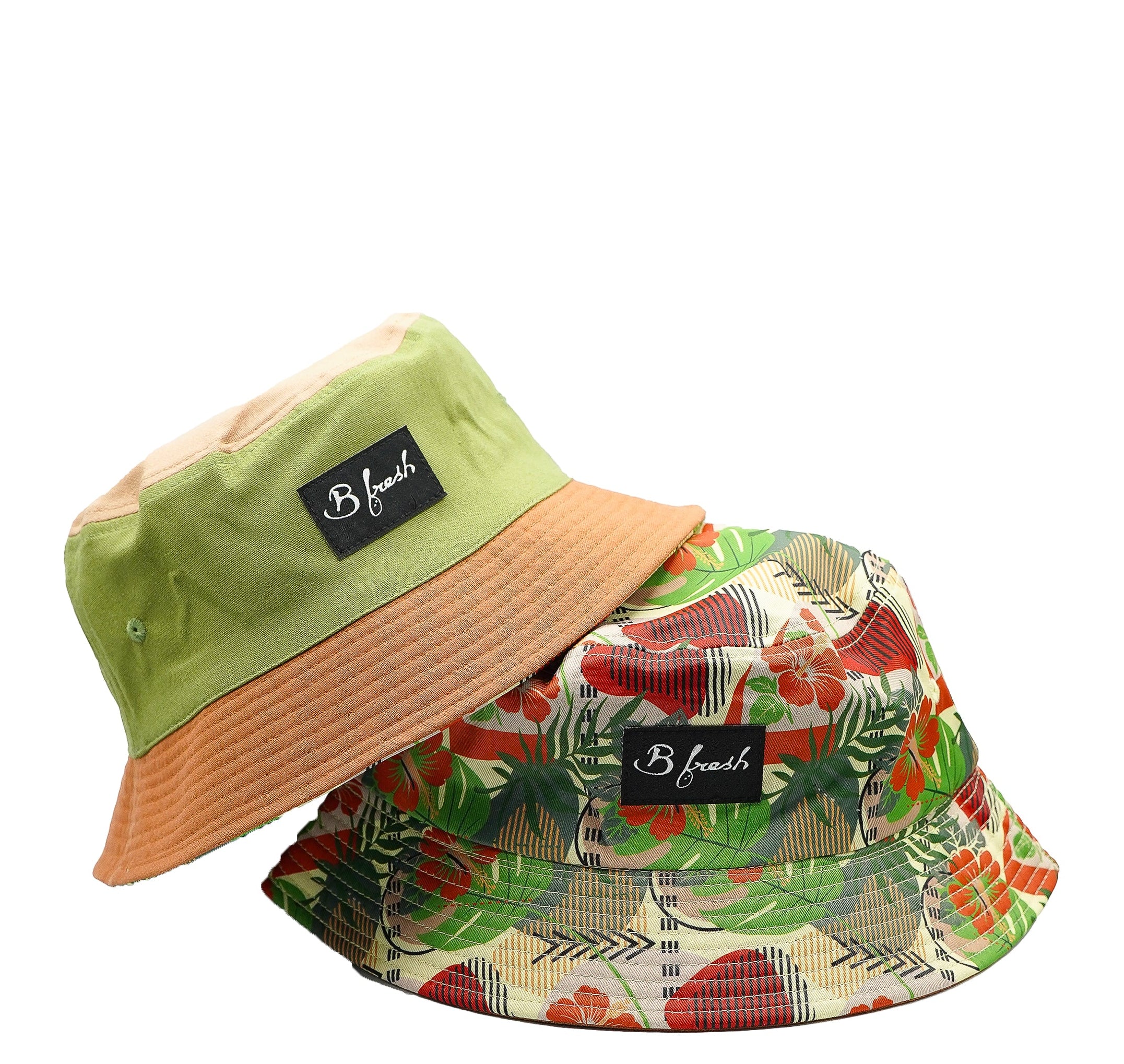 Two bucket hats, one green and brown, the other with a floral pattern
