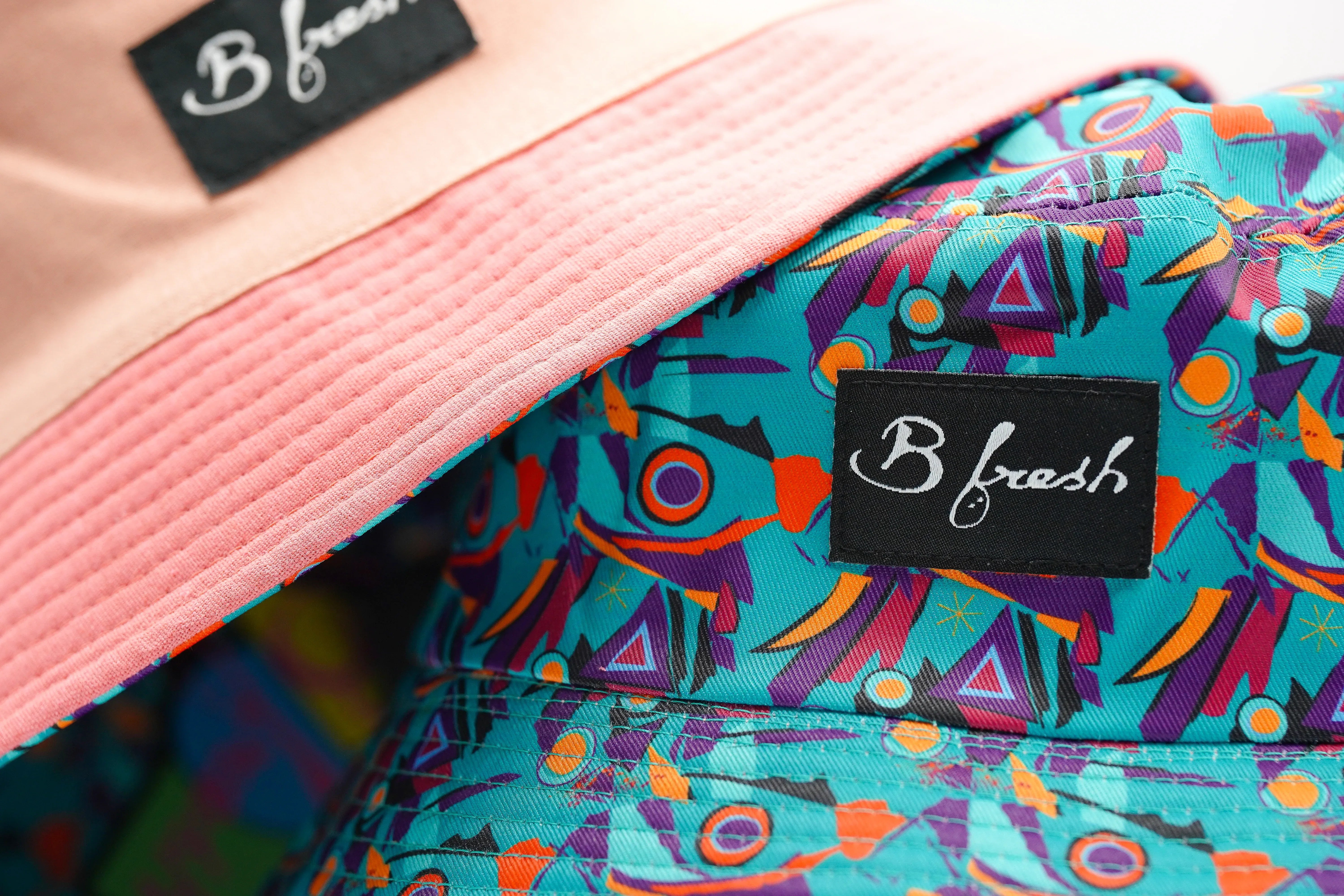 Colorful patterned bag with a 'B fresh' label 