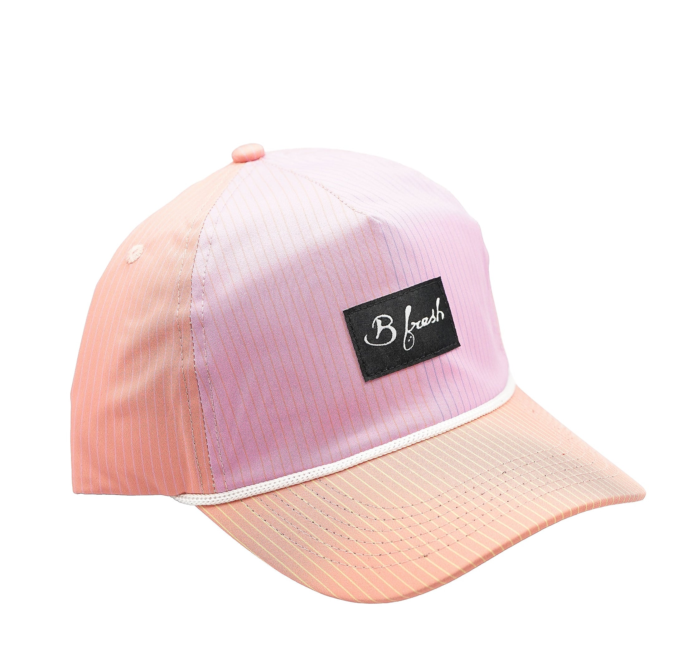 Pink and peach gradient cap with a black logo