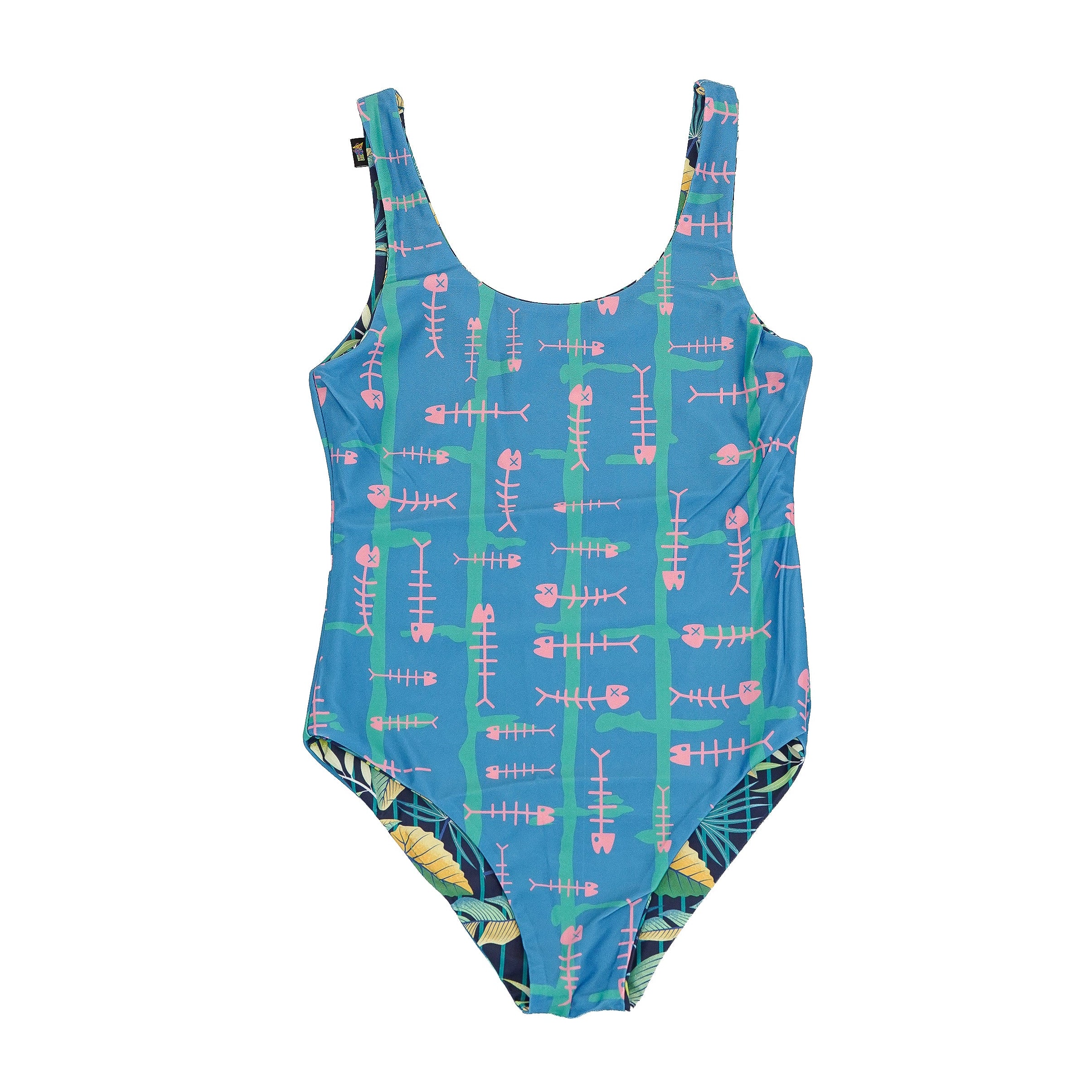 Blue  and green swimsuit with colorful skeleton 