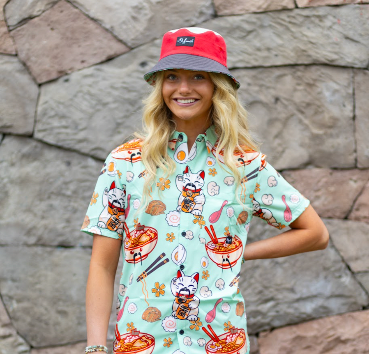 Bucket hat with ramen cats on it
