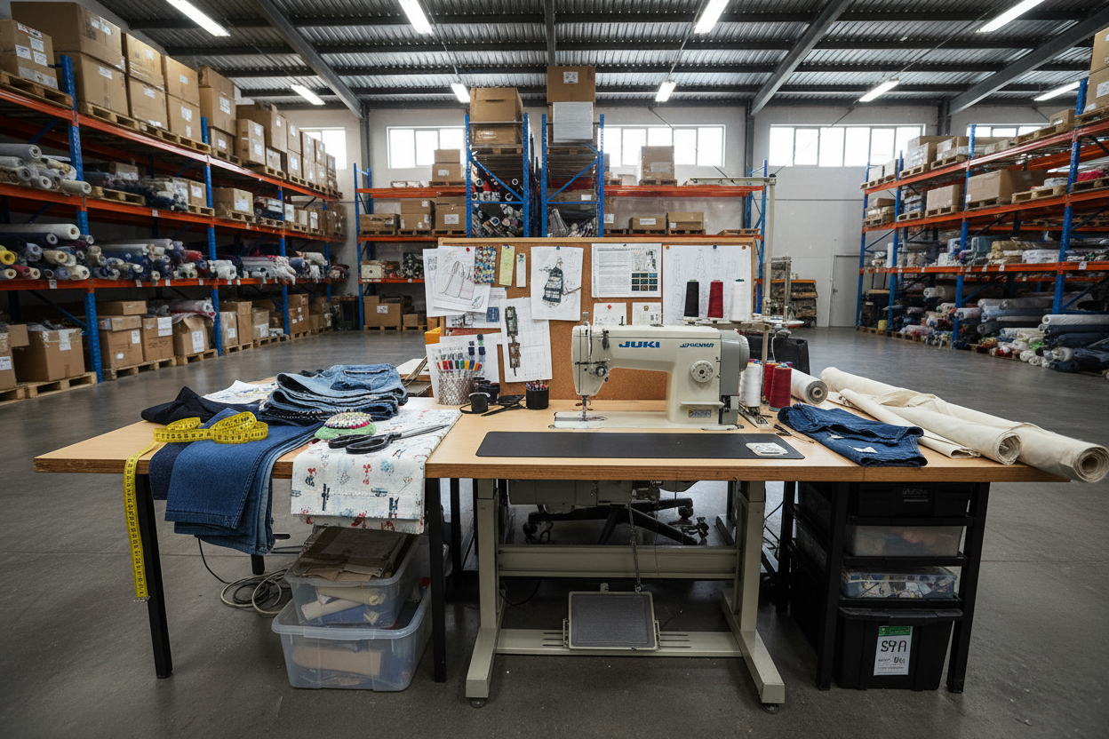 sewing maching, measuring tape siccors and fabric on desk in warehouse