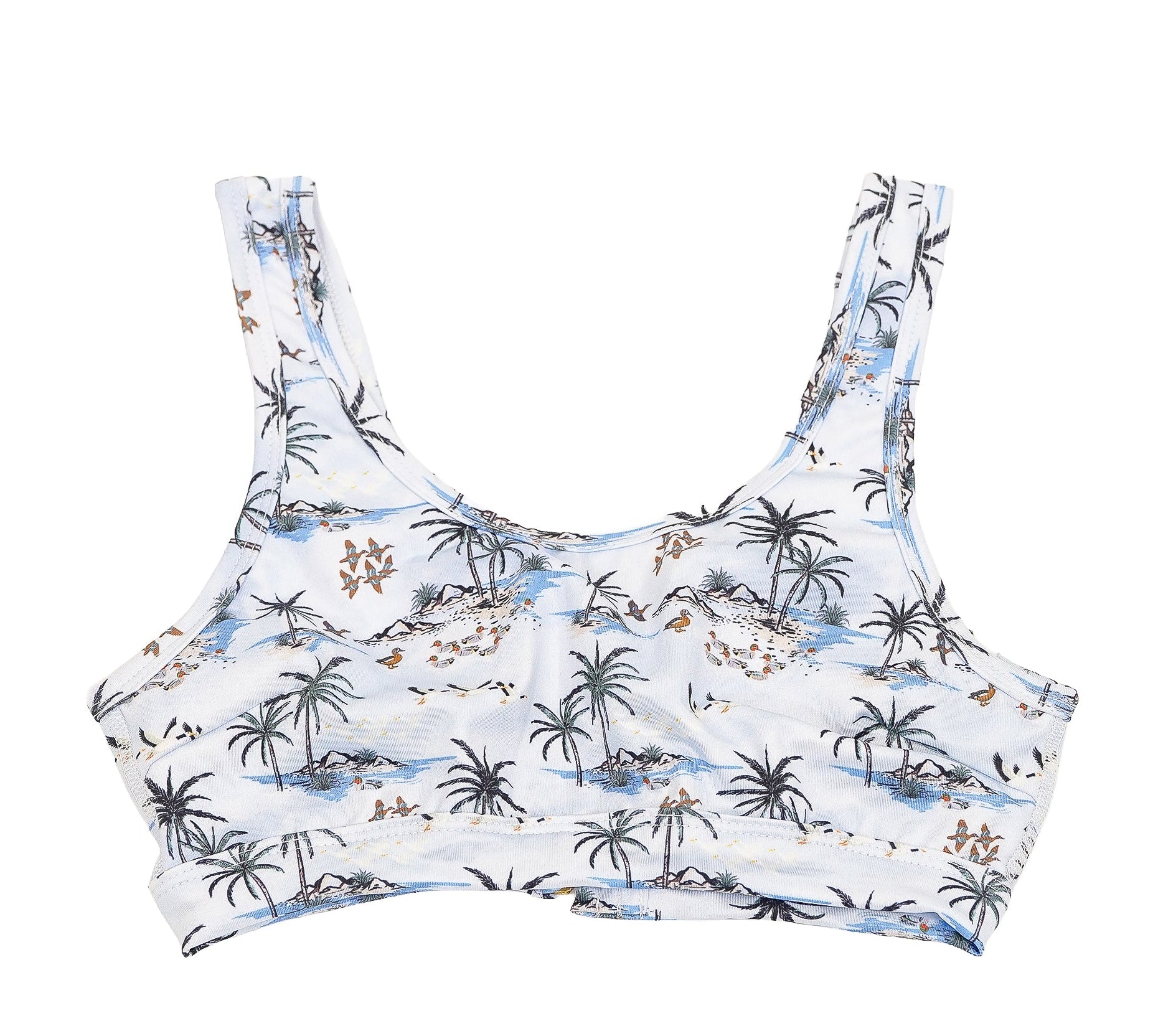 White bikini top with tropical palm tree and beach pattern 
