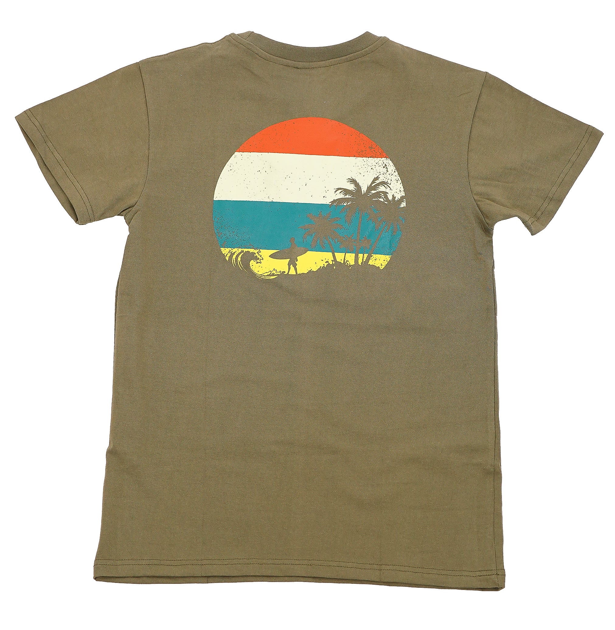 Green t-shirt with a colorful graphic of a sunset and palm trees on a white background