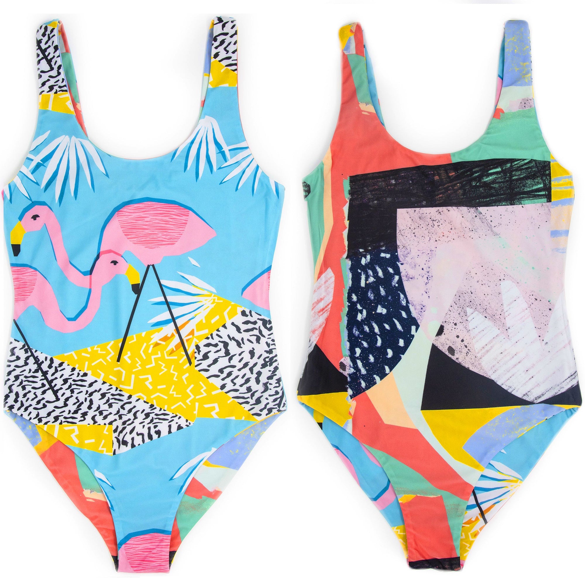 Summer Flamingo Beach 1970s One Piece Reversible Swimsuit Swimwear. Pink Blue Yellow Green Zebra old school throwback beach design bodysuit. B Fresh Gear.