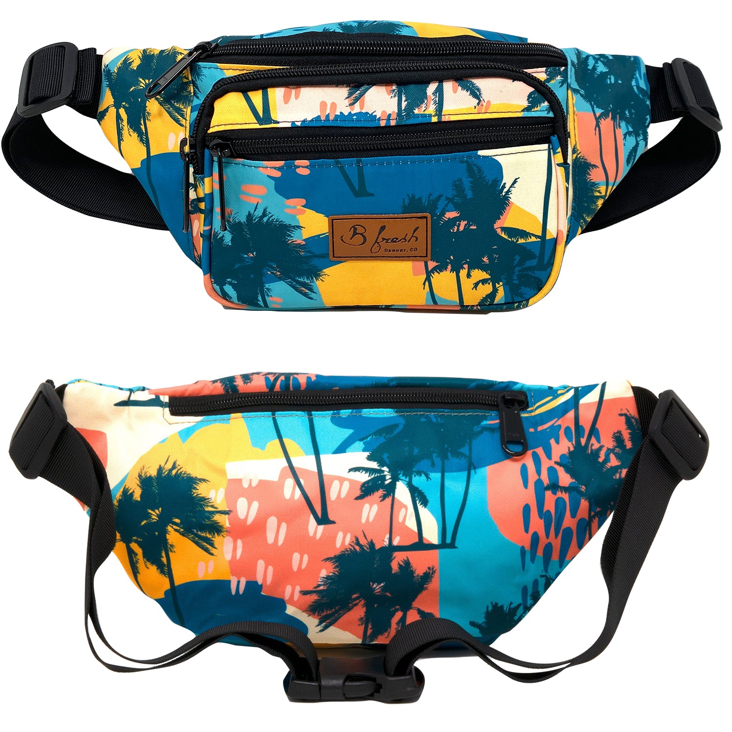 Beach Bum Fanny Pack - 80s inspired retro beach miami style fanny pack with blue yellow pink palm trees and beaches.  B Fresh Gear