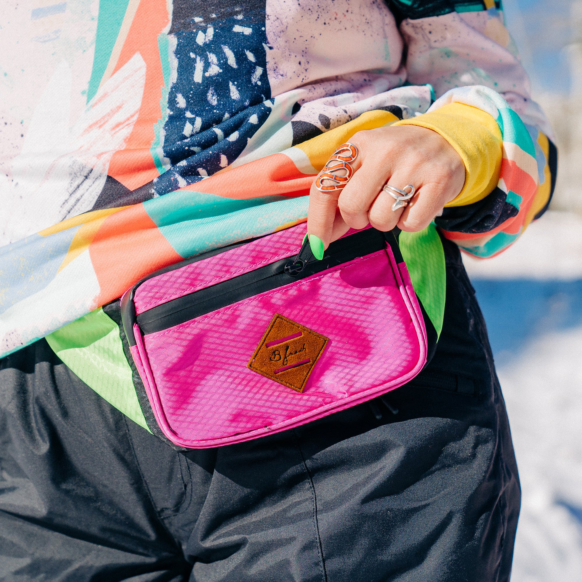 80's Ski Party Water Resistant Fanny Pack - 4 pocket fanny pack bum bag with waterproof material water resistant zippers 4 pouches. With vintage throwback pink bright green and black ski party design. B Fresh Gear