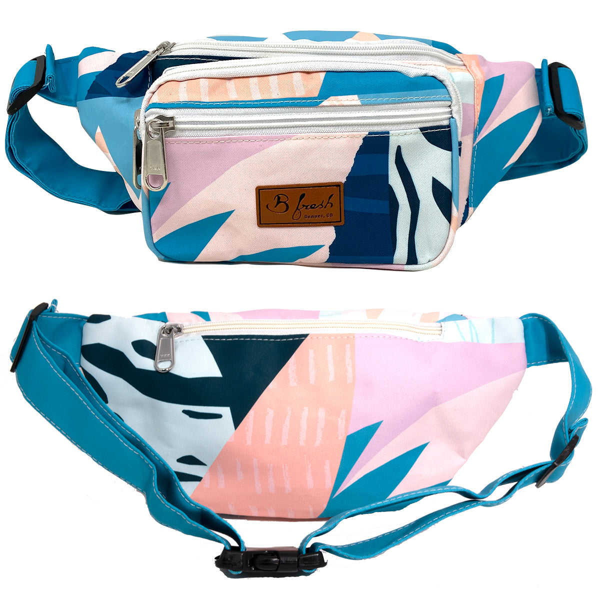 Coridial Retro Style Fanny Pack - Blue, pink, white 80s style design and pattern on a 4 pocket fanny pack. B Fresh Gear