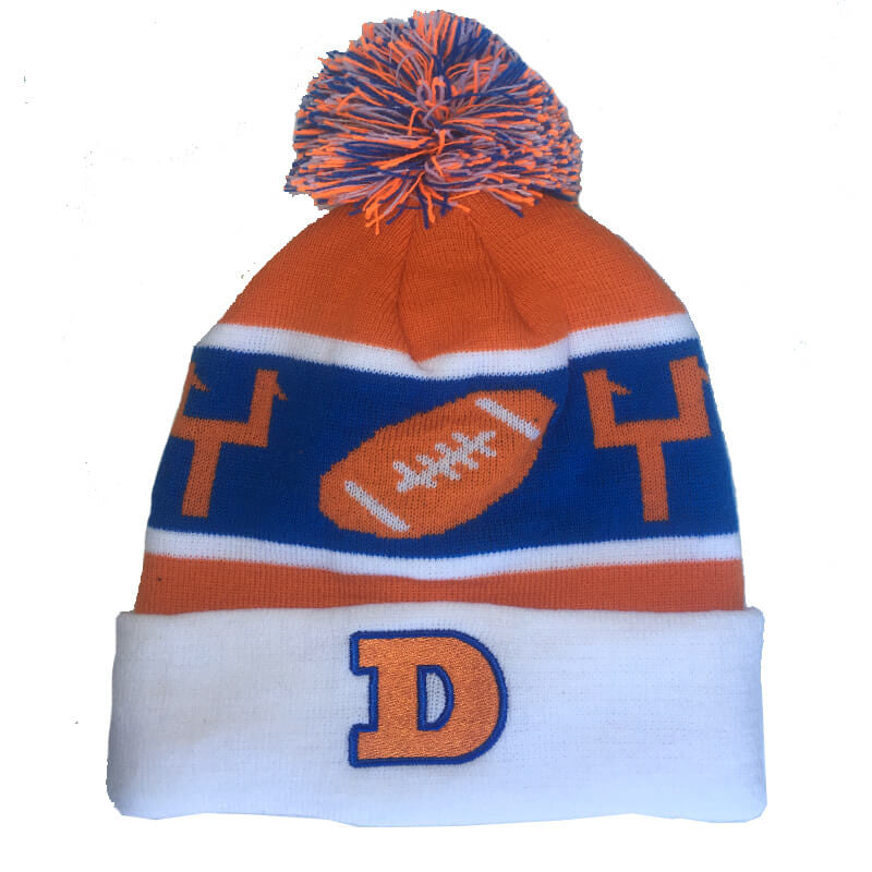 Tecmo Super Bowl Champs Beanie Retro 80s Football Denver Blue Orange Pom Top Beanie Winter Stocking Cap Hat - B Fresh Gear.