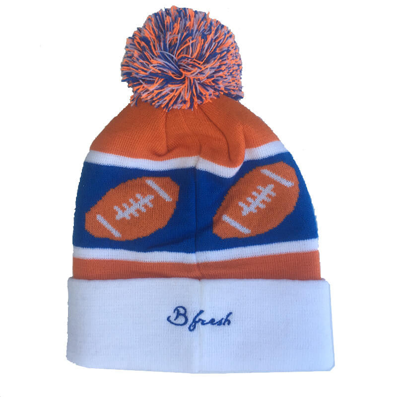 Tecmo Super Bowl Champs Beanie Retro 80s Football Denver Blue Orange Pom Top Beanie Winter Stocking Cap Hat - B Fresh Gear.