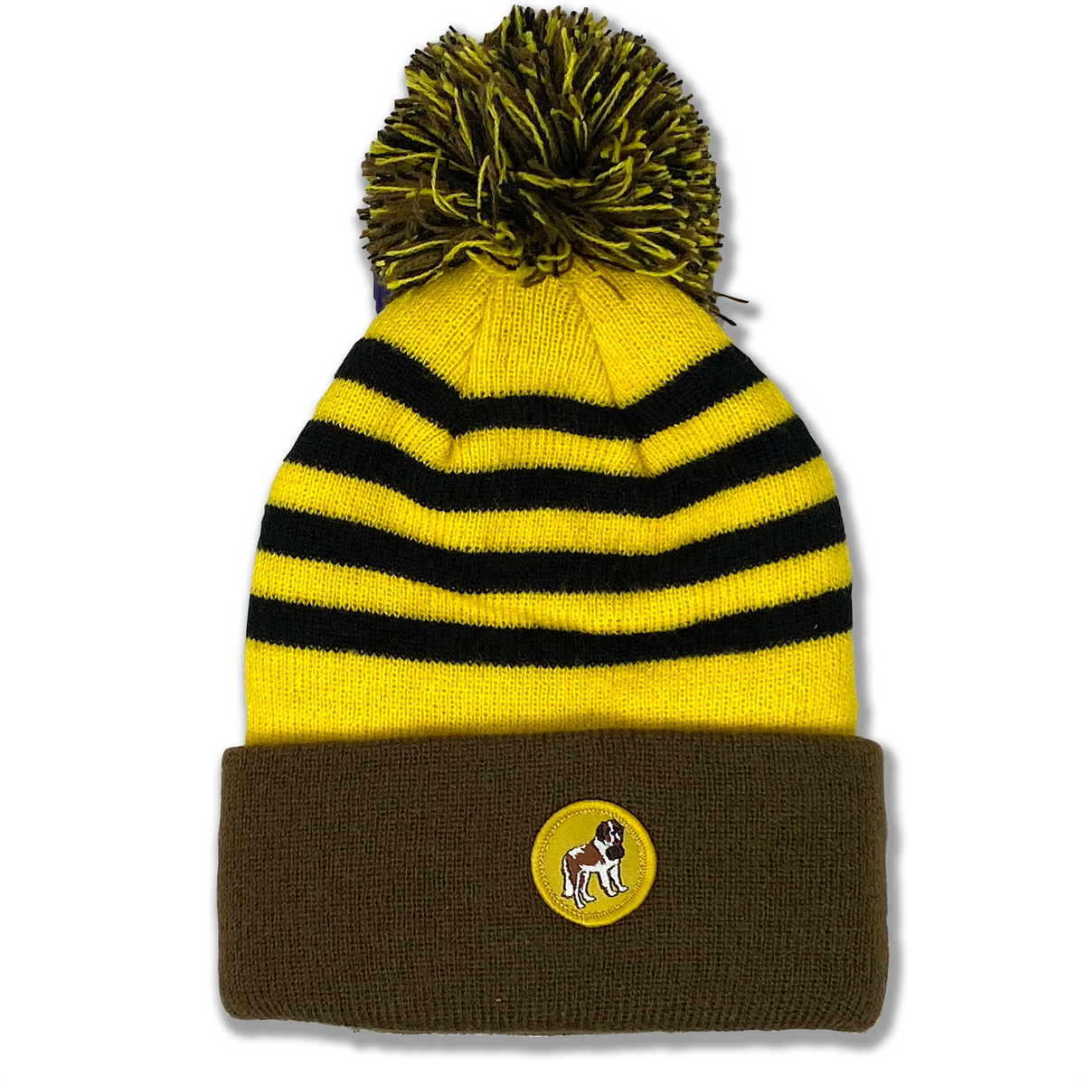 Kids Dog Ski Beanie Winter Hat Yellow Brown St Bernard Pom Top Beanie. B Fresh Gear.